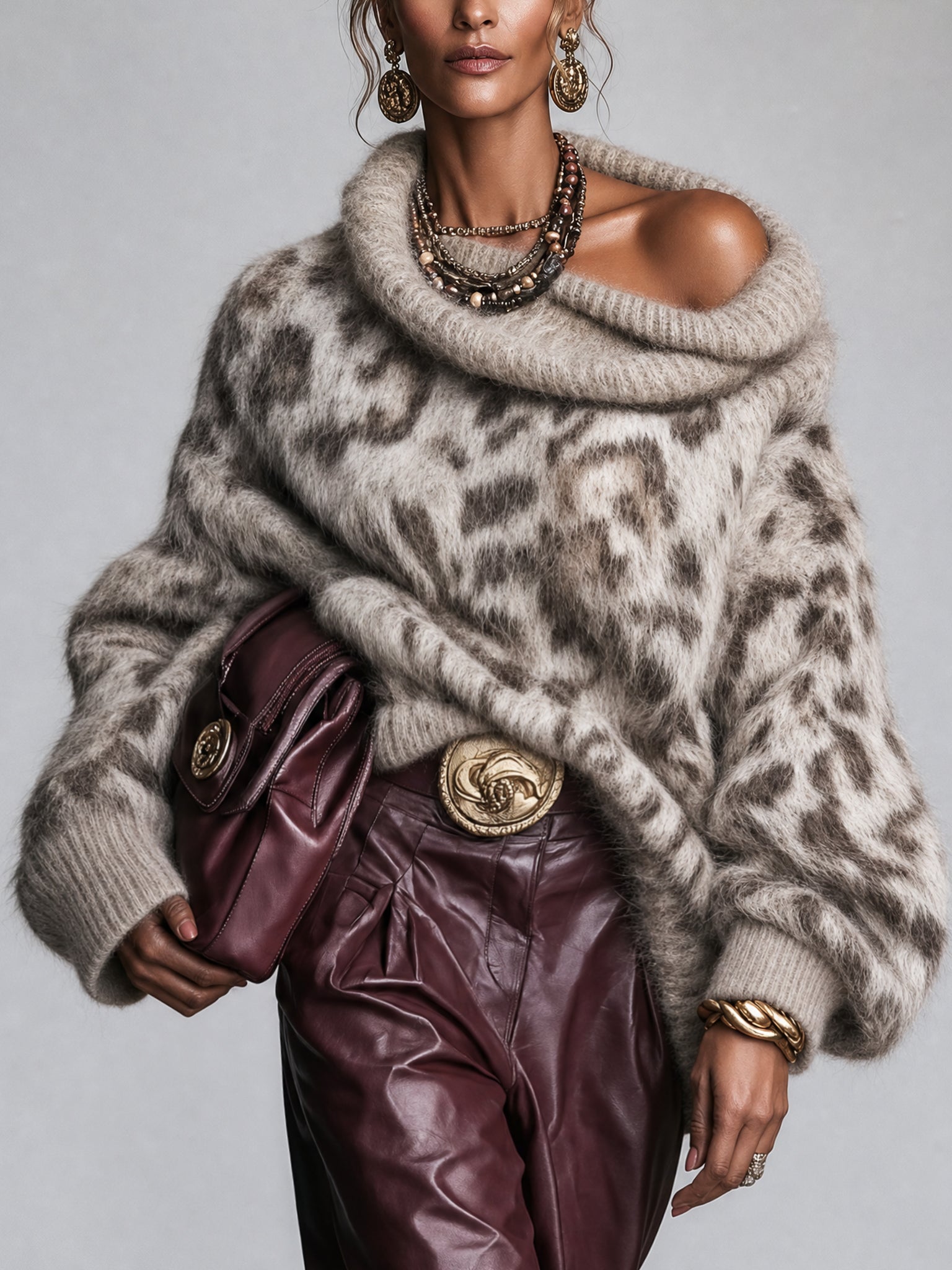 Brown Animal Print Oversized Mohair Sweater