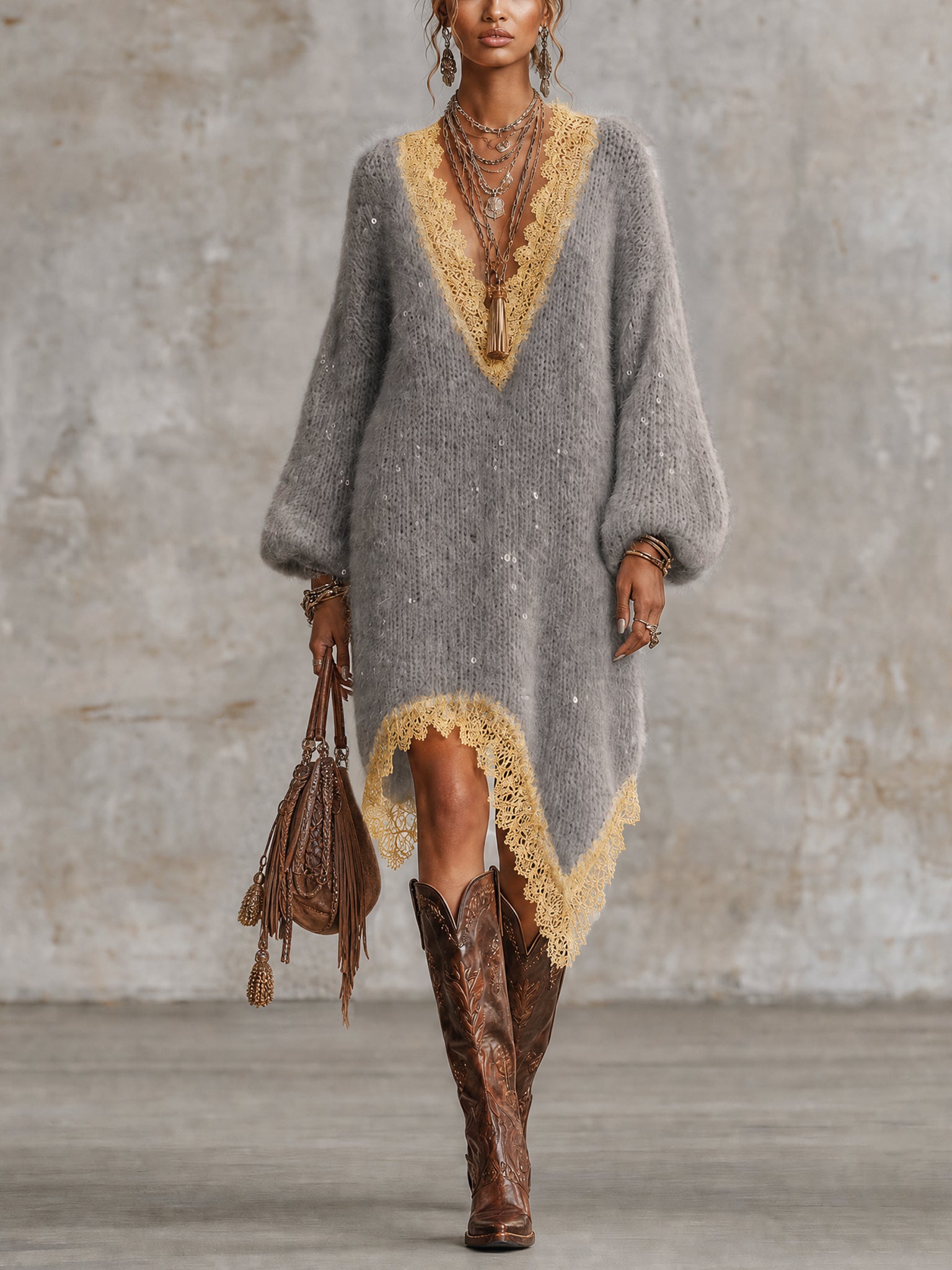 Gray Sequin Knit Midi Dress With Yellow Lace Trim