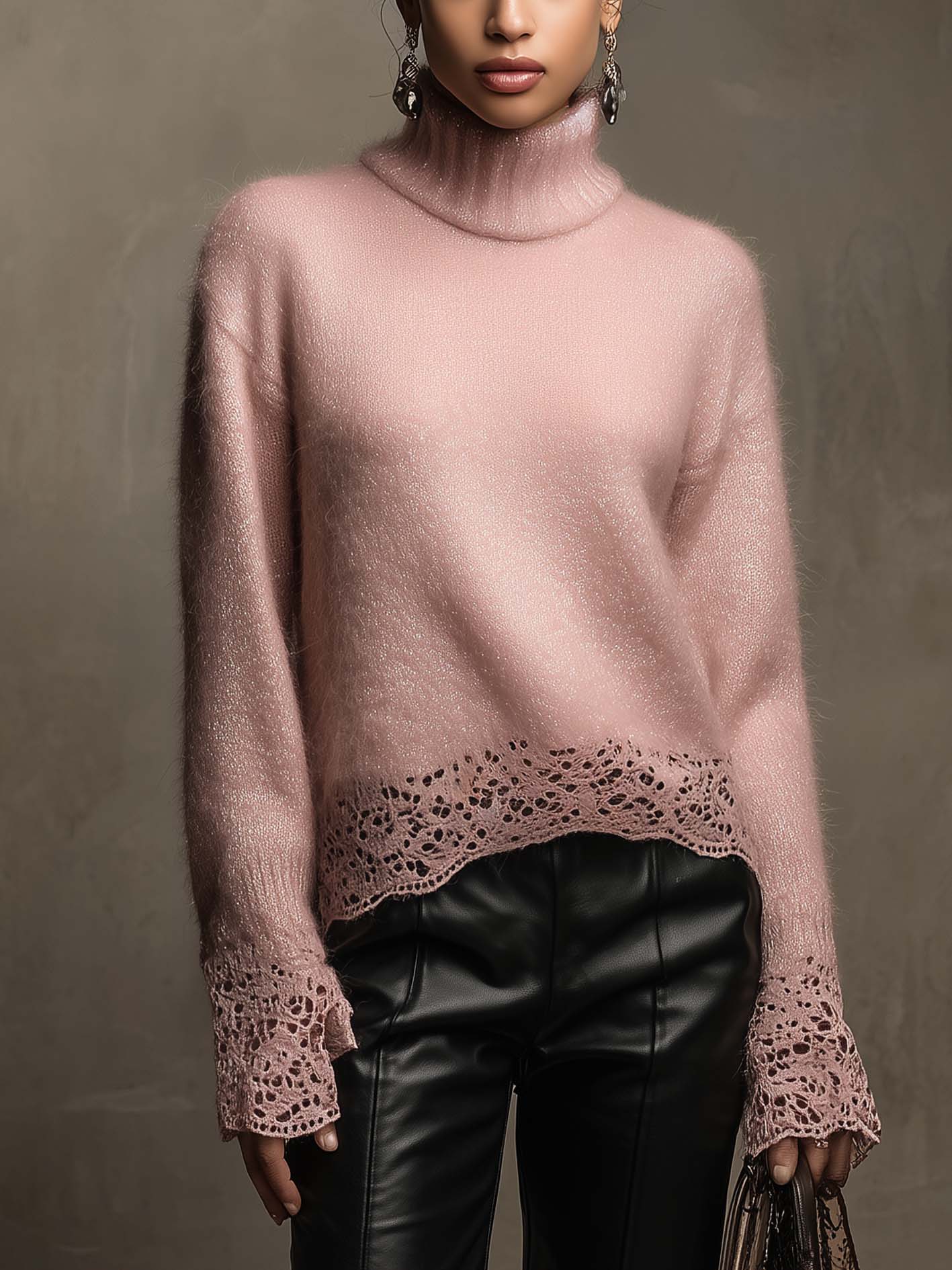 Blush Pink Shimmer Turtleneck Sweater With Lace Trim