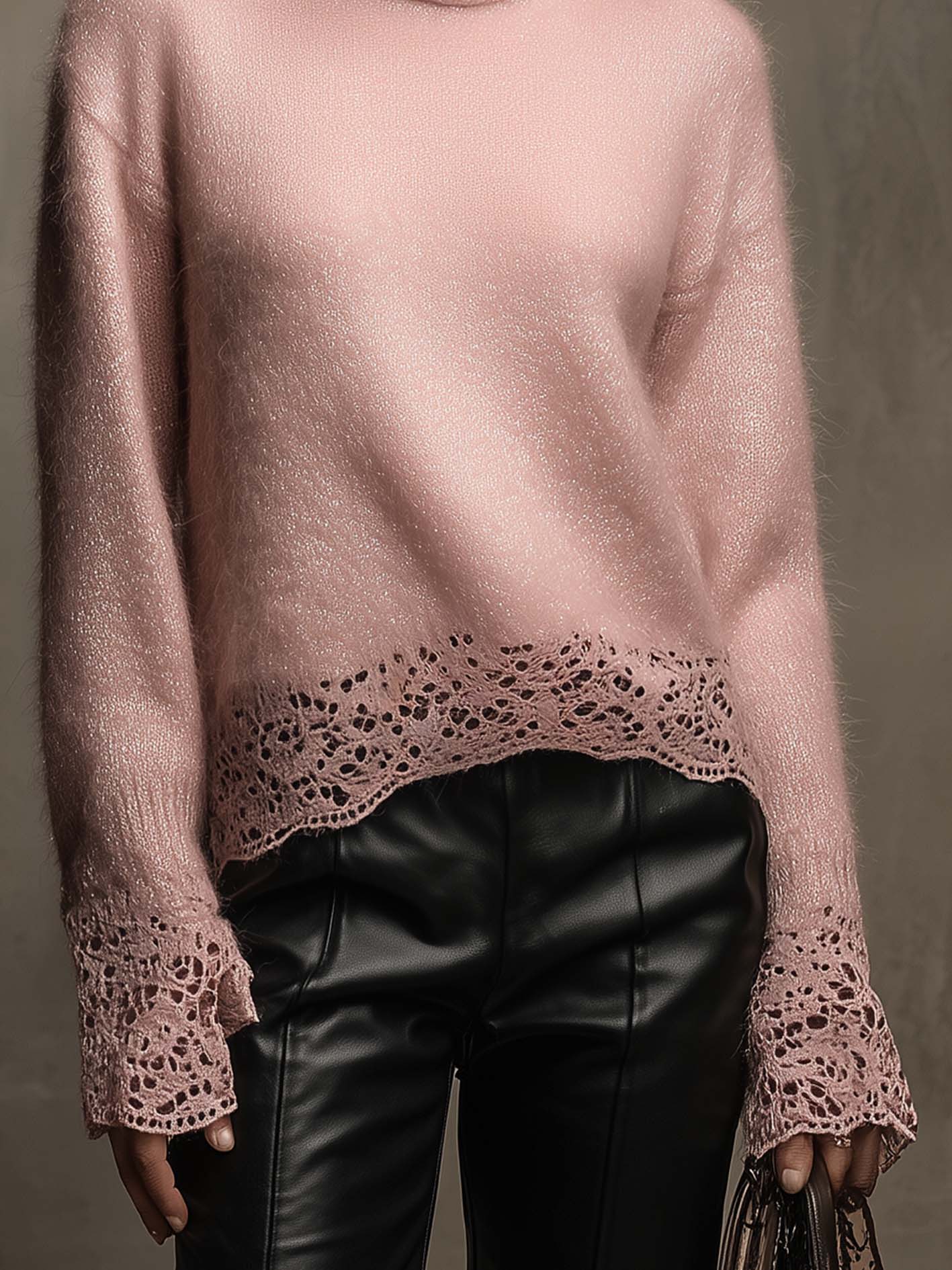 Blush Pink Shimmer Turtleneck Sweater With Lace Trim