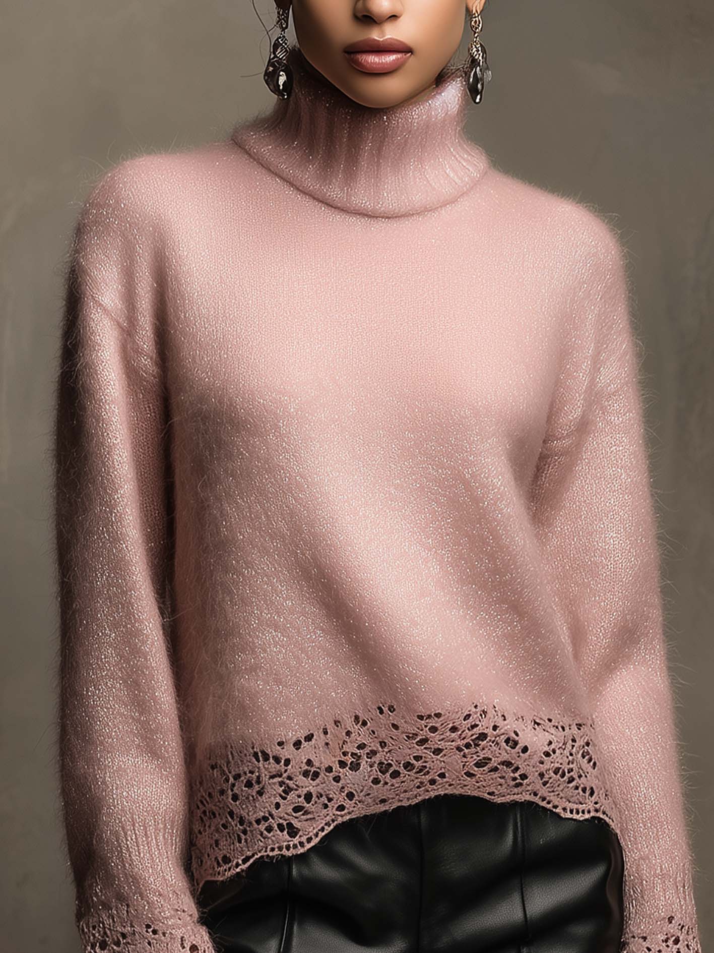 Blush Pink Shimmer Turtleneck Sweater With Lace Trim