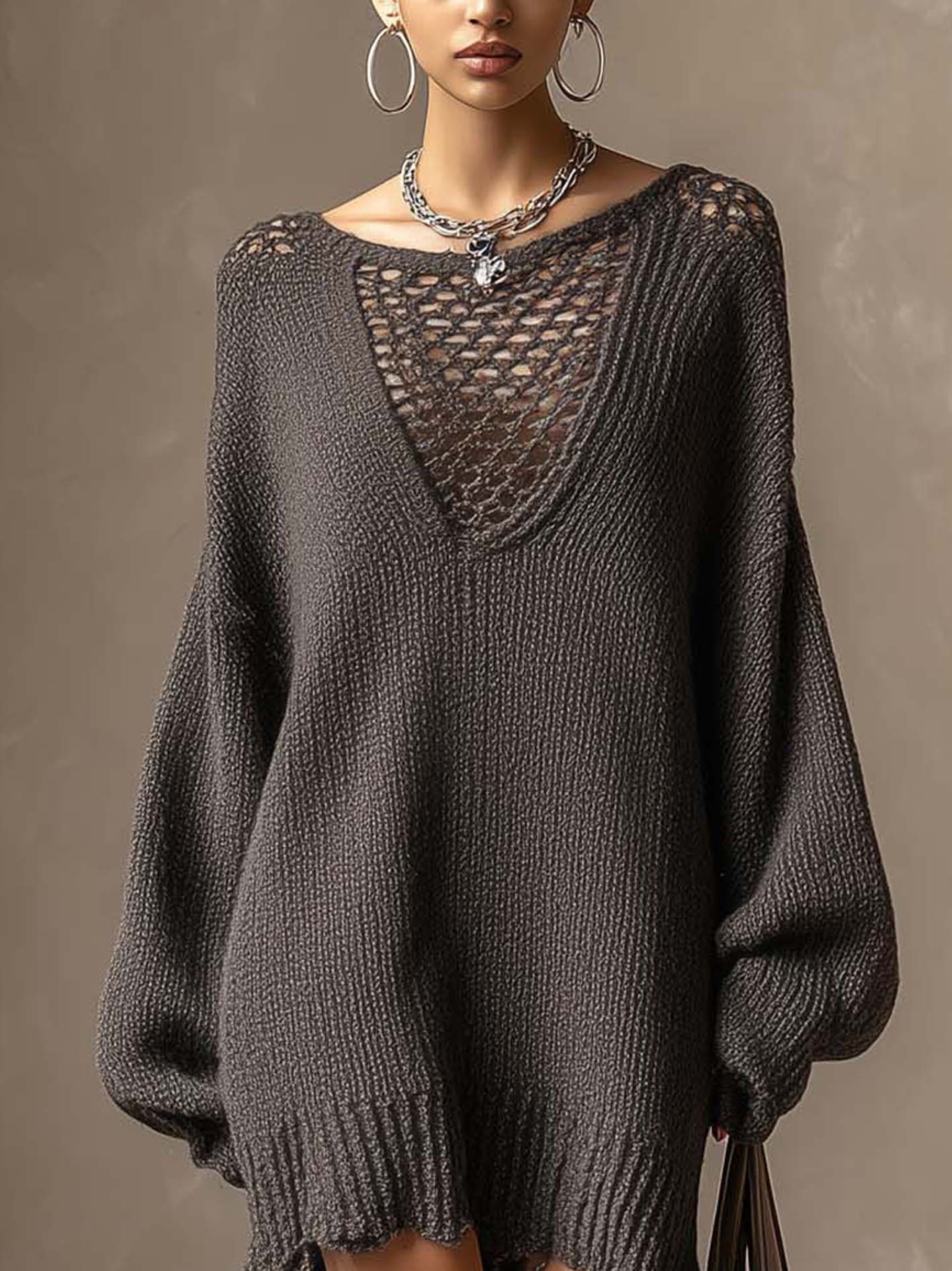 Gray Openwork Patchwork Knit Midi Dress With Balloon Sleeves