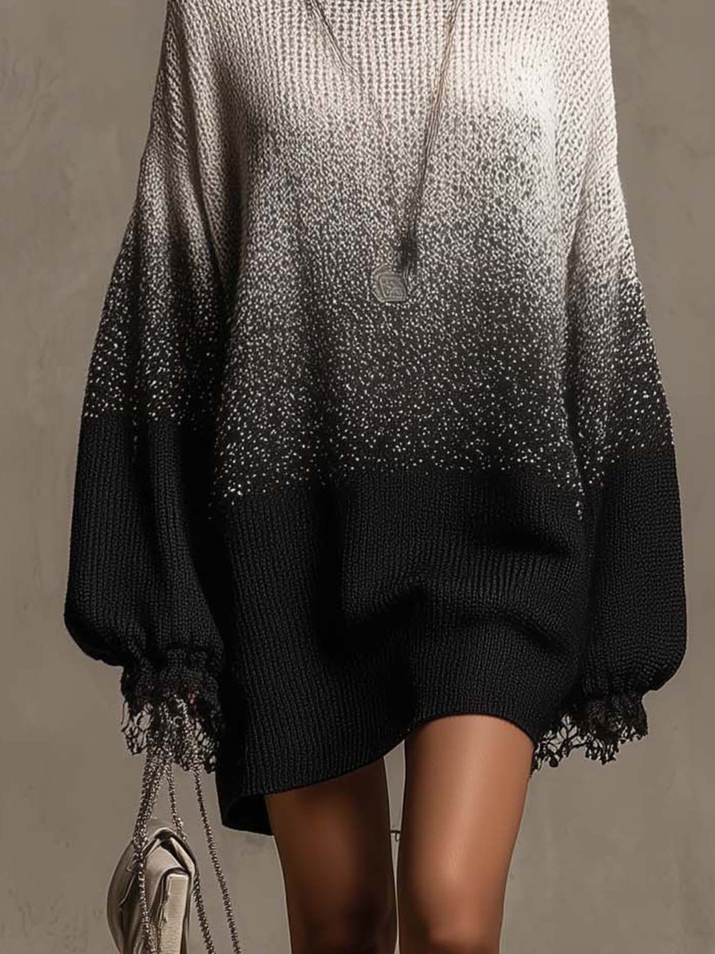 Black And Ivory Gradient Knit Mini Sweater Dress With Lace Trim