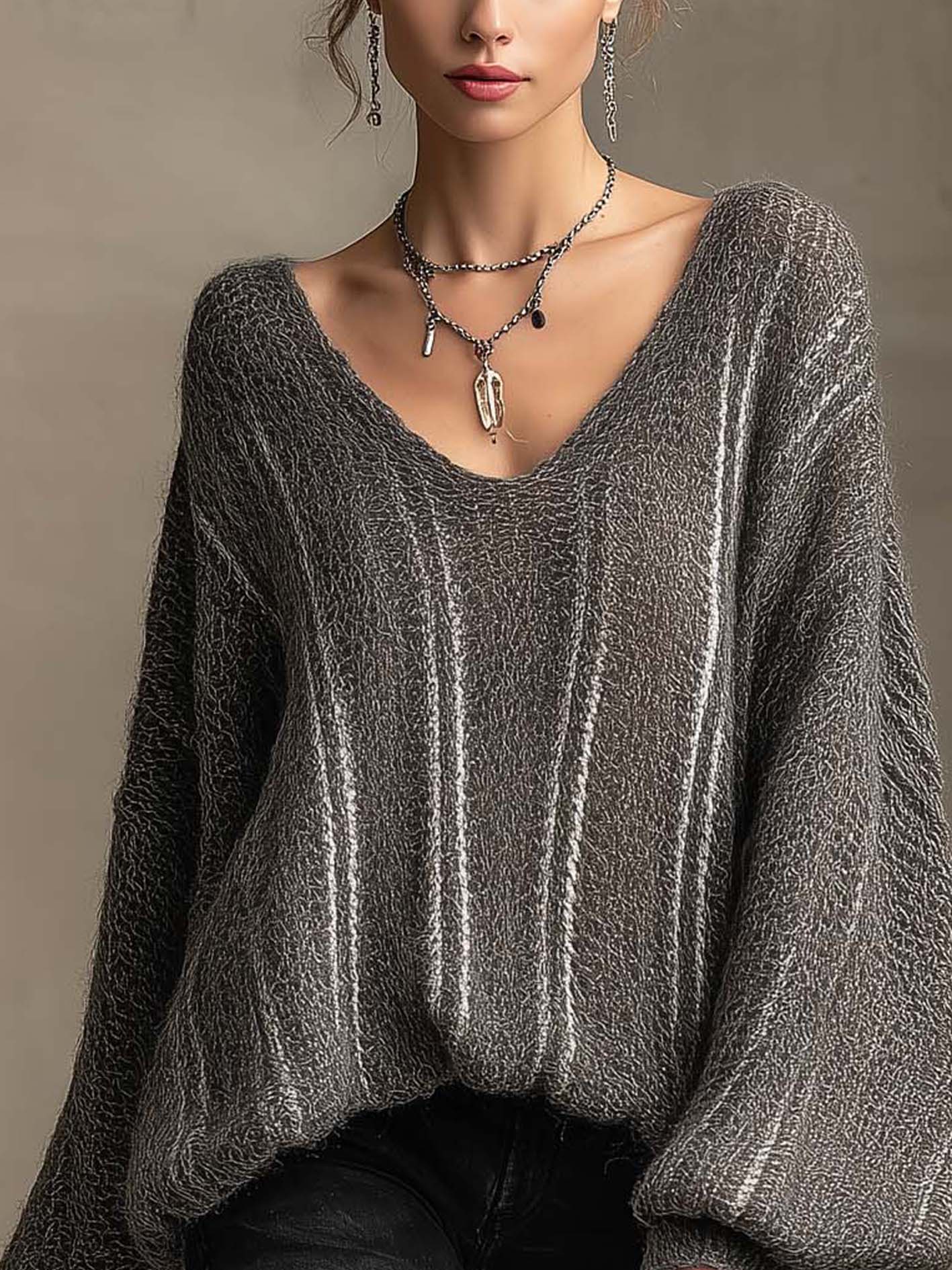 Charcoal Gray Fuzzy V-Neck Balloon Sleeve Sweater