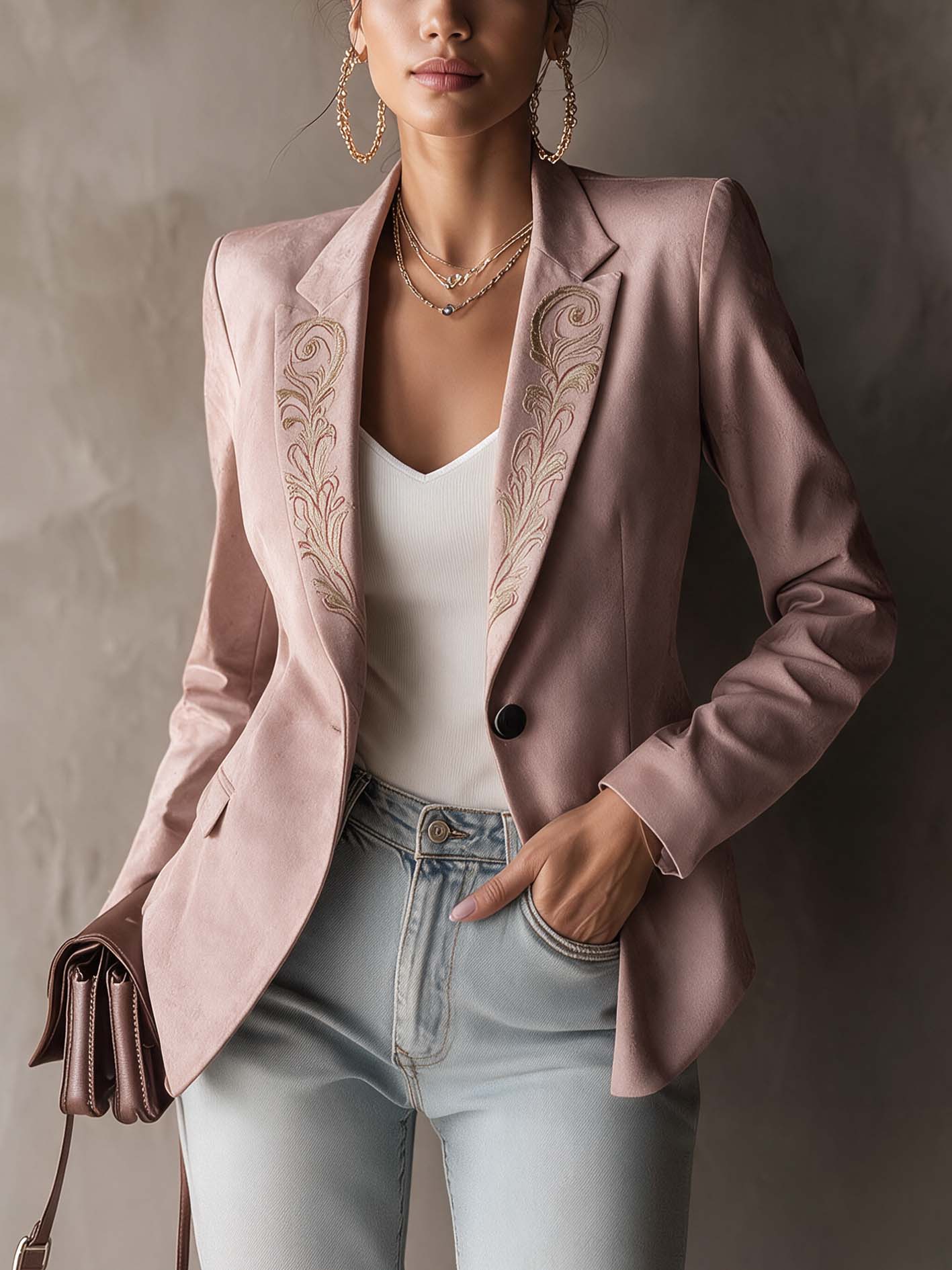 Dusty Pink Embroidered Tailored Blazer With Notched Lapel