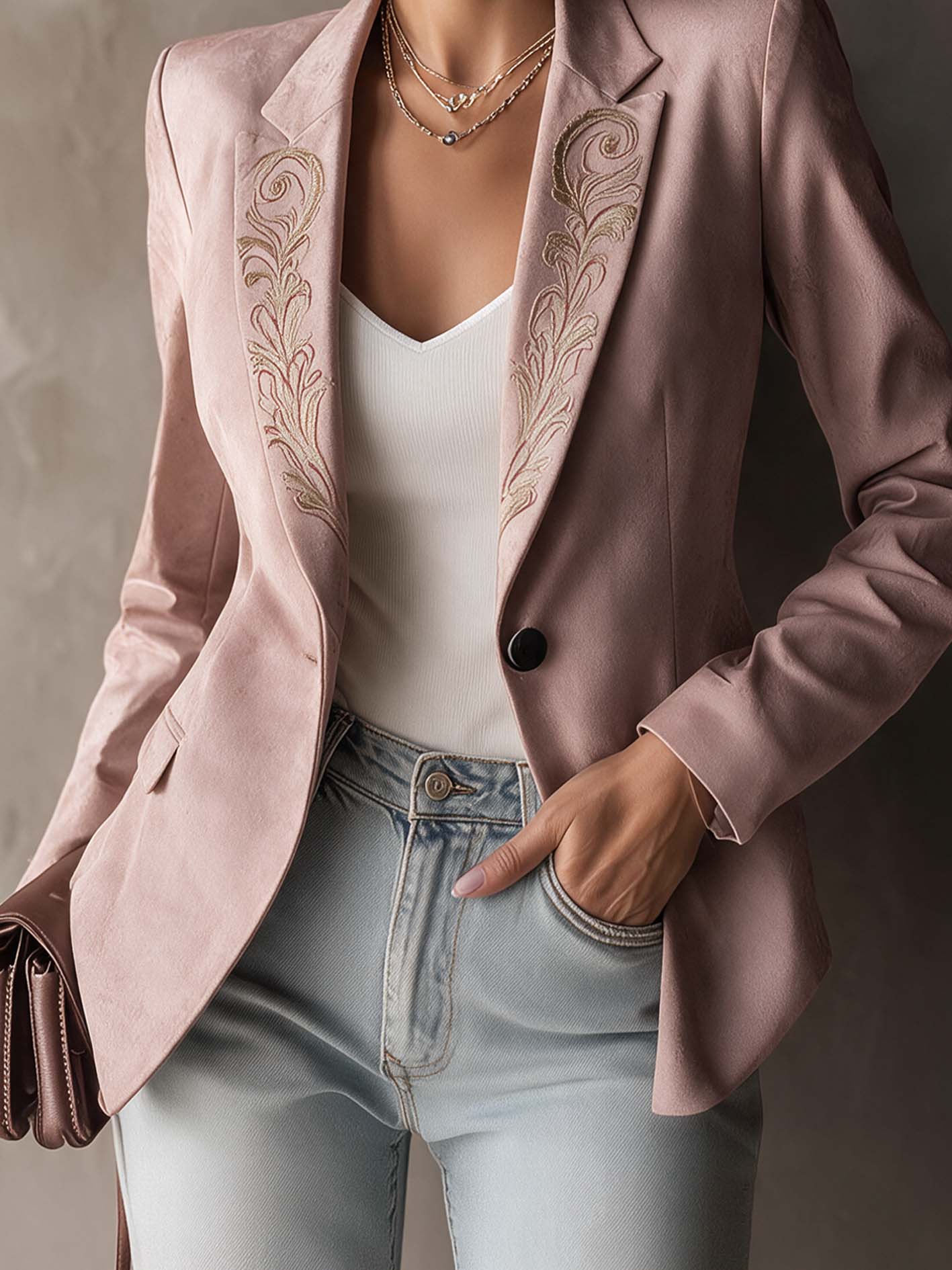 Dusty Pink Embroidered Tailored Blazer With Notched Lapel