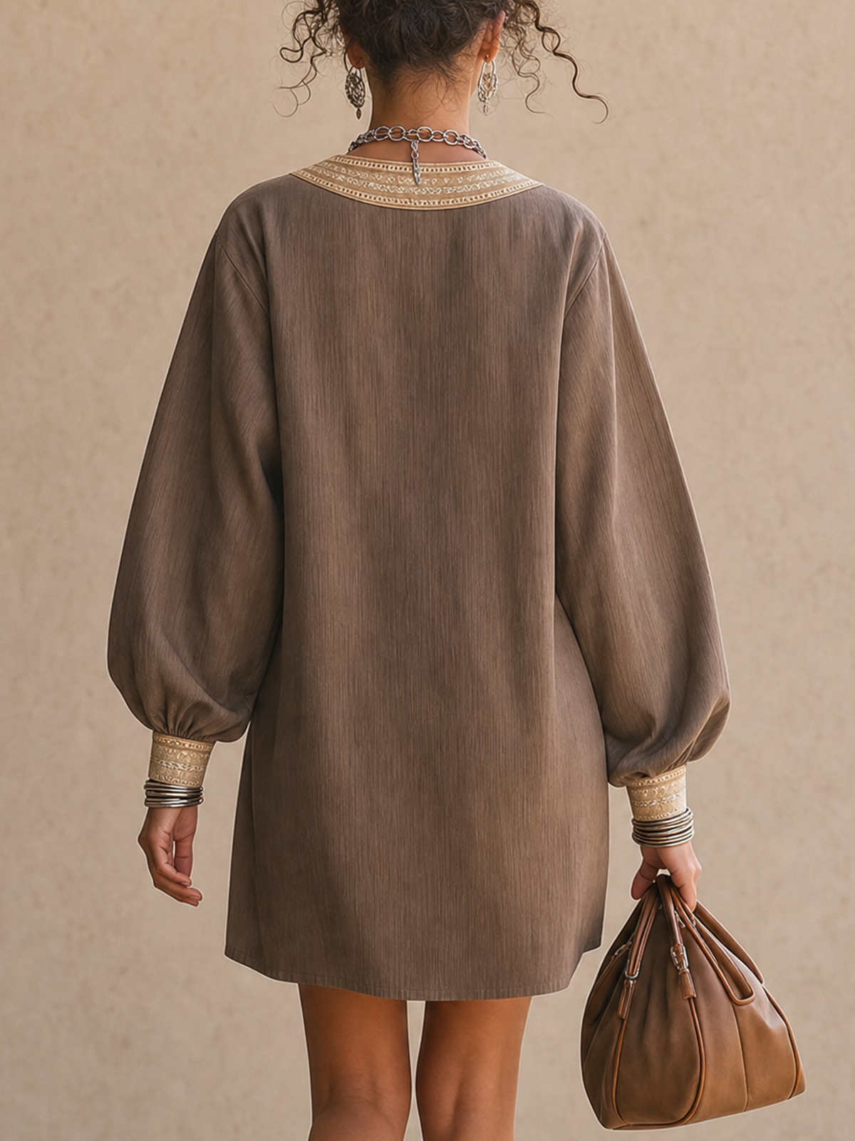 Brown Embroidered V‑Neck Balloon Sleeve Tunic Mini Dress