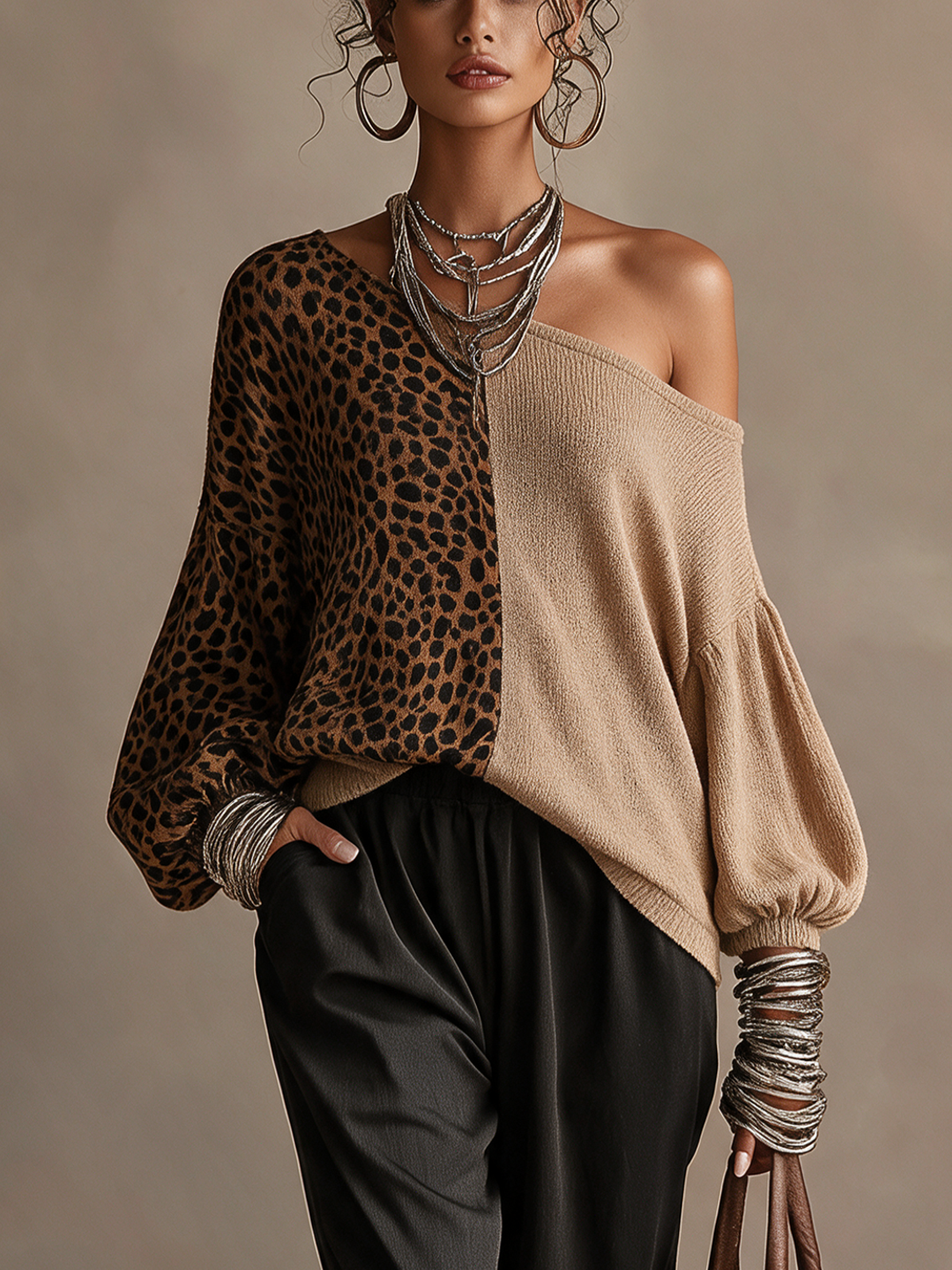 Leopard Color‑Block Off‑Shoulder Balloon Sleeve Knit Top