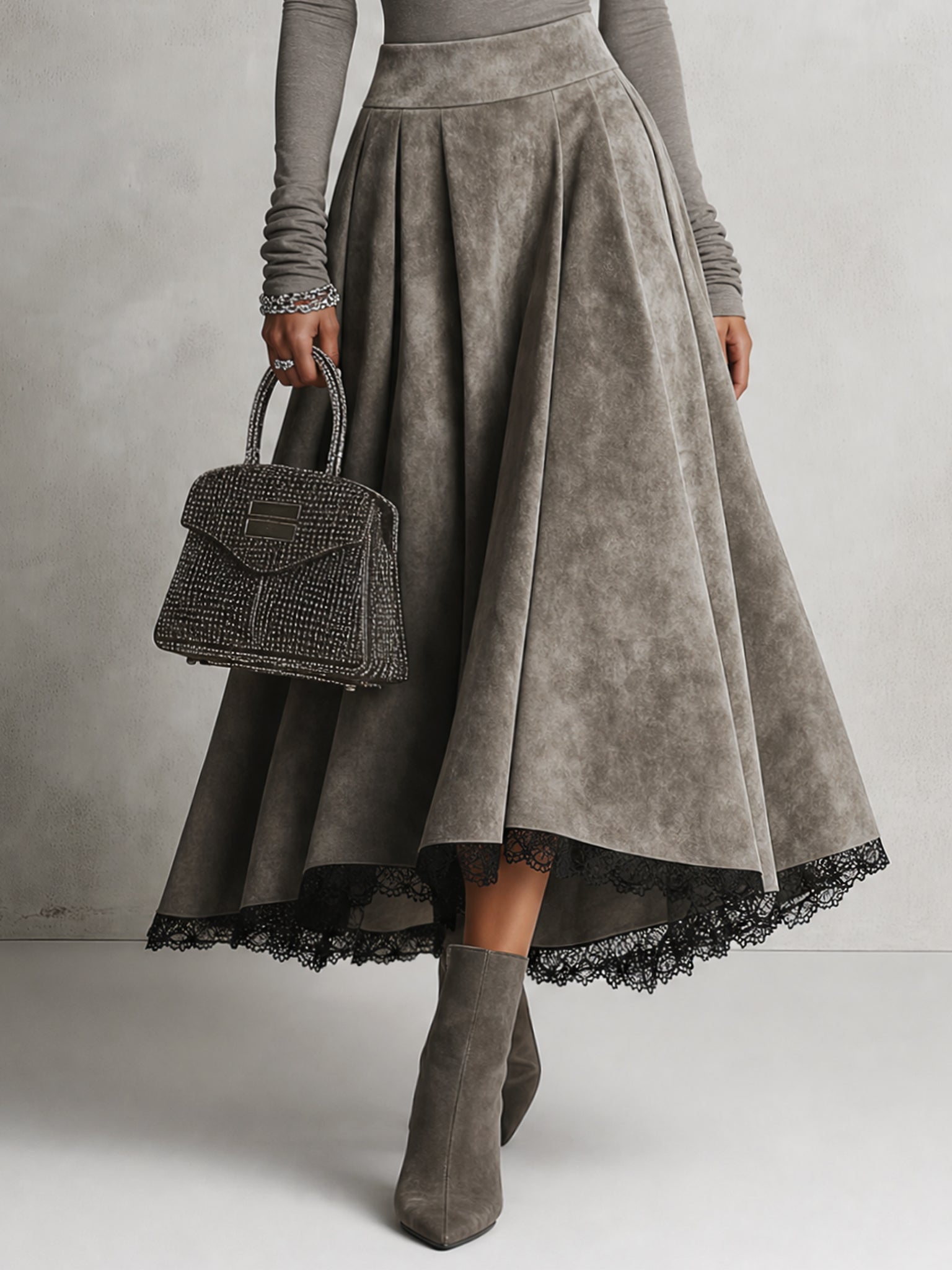 Gray Off Shoulder Suede Patchwork Midi Skirt Set
