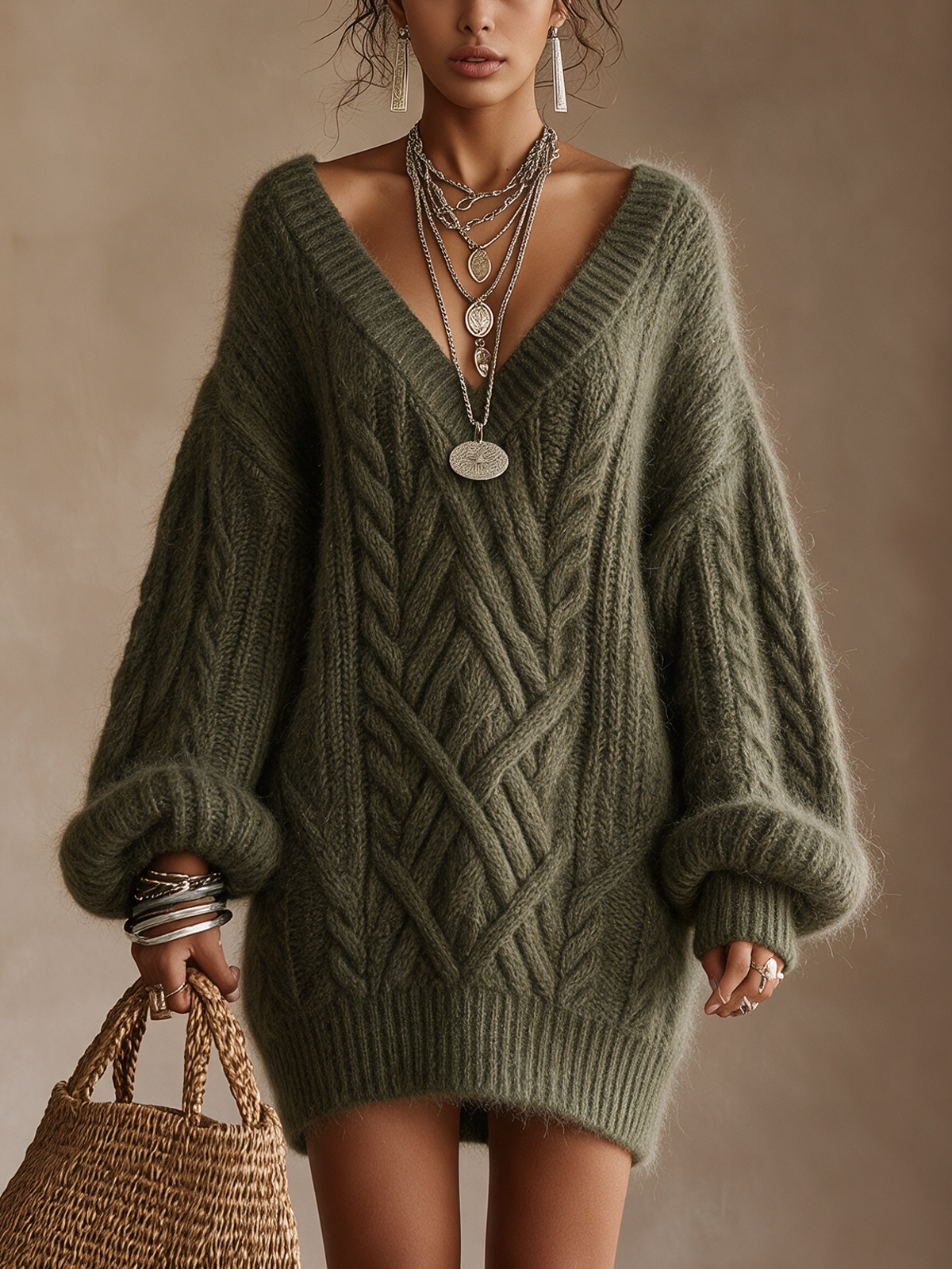 Olive Green Cable‑Knit V‑Neck Oversized Knit Mini Dress
