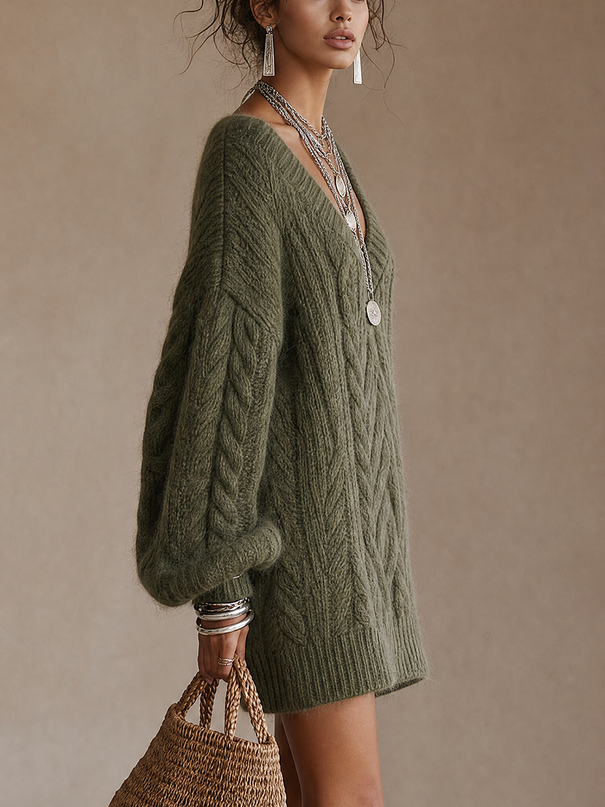 Olive Green Cable‑Knit V‑Neck Oversized Knit Mini Dress