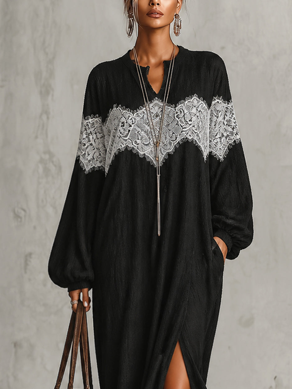 Black Lace Patchwork Slit Maxi Dress