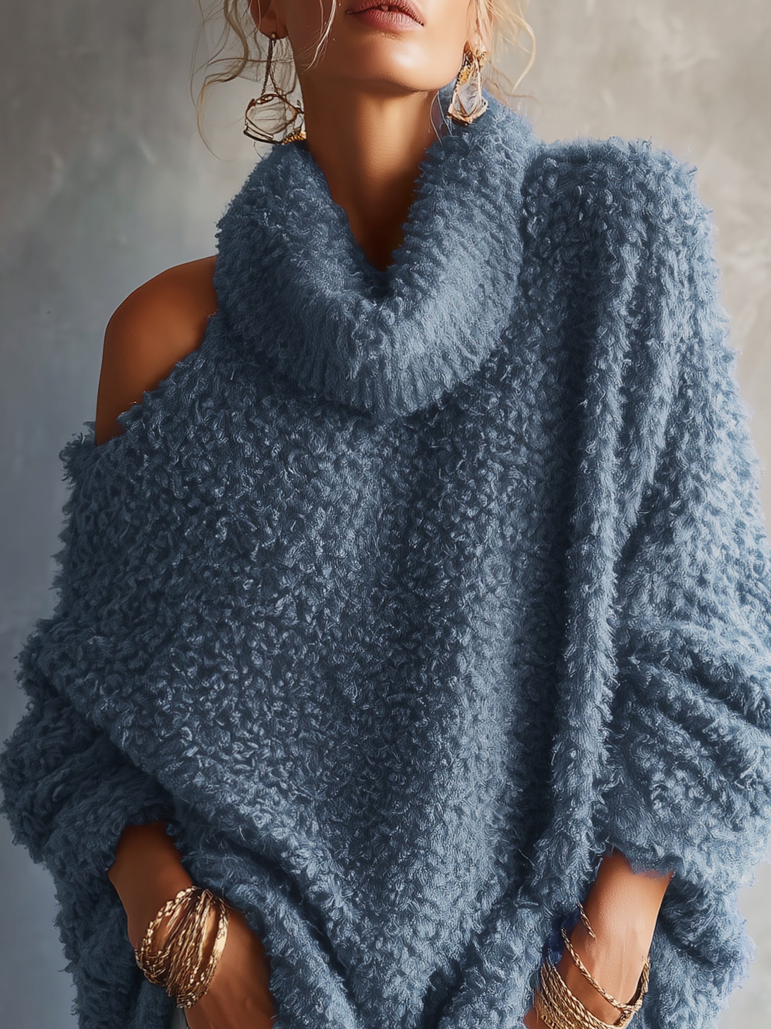 Blue Off Shoulder Oversized Knit Sweater