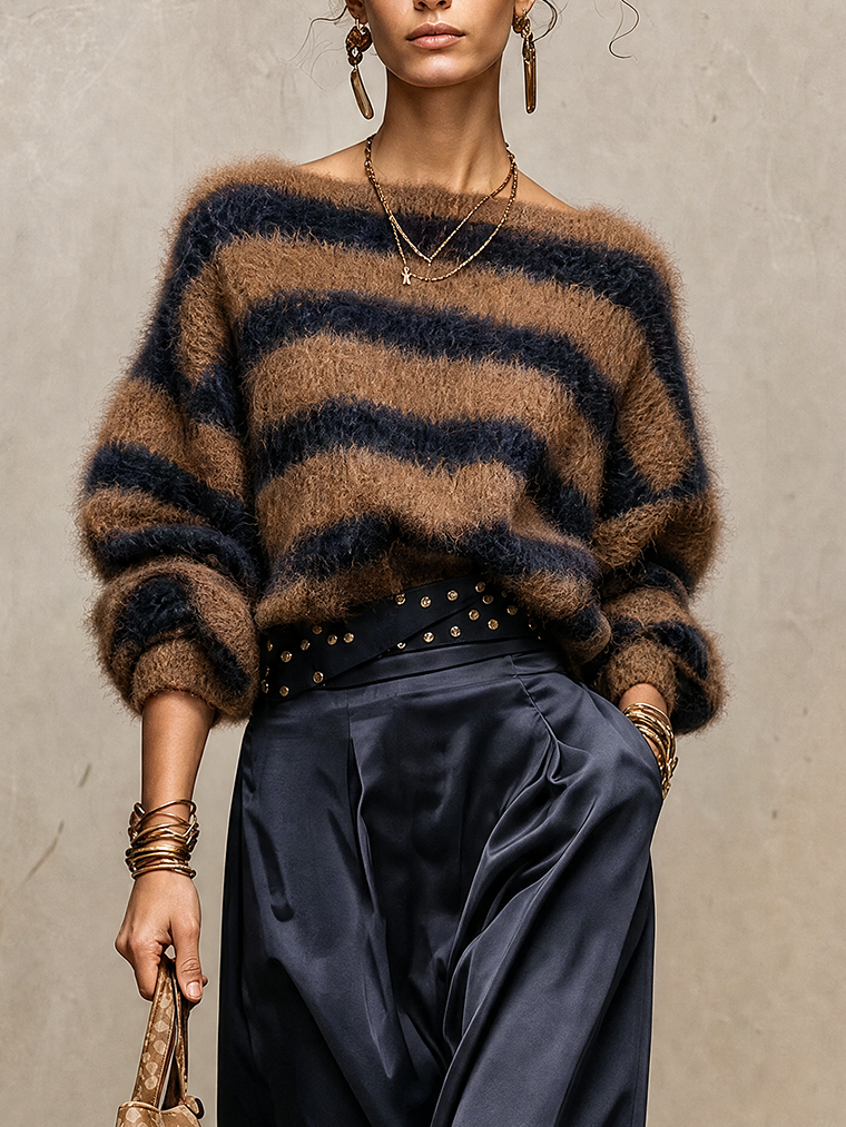 Mocha And Midnight Navy Fuzzy Striped Boat-Neck Sweater