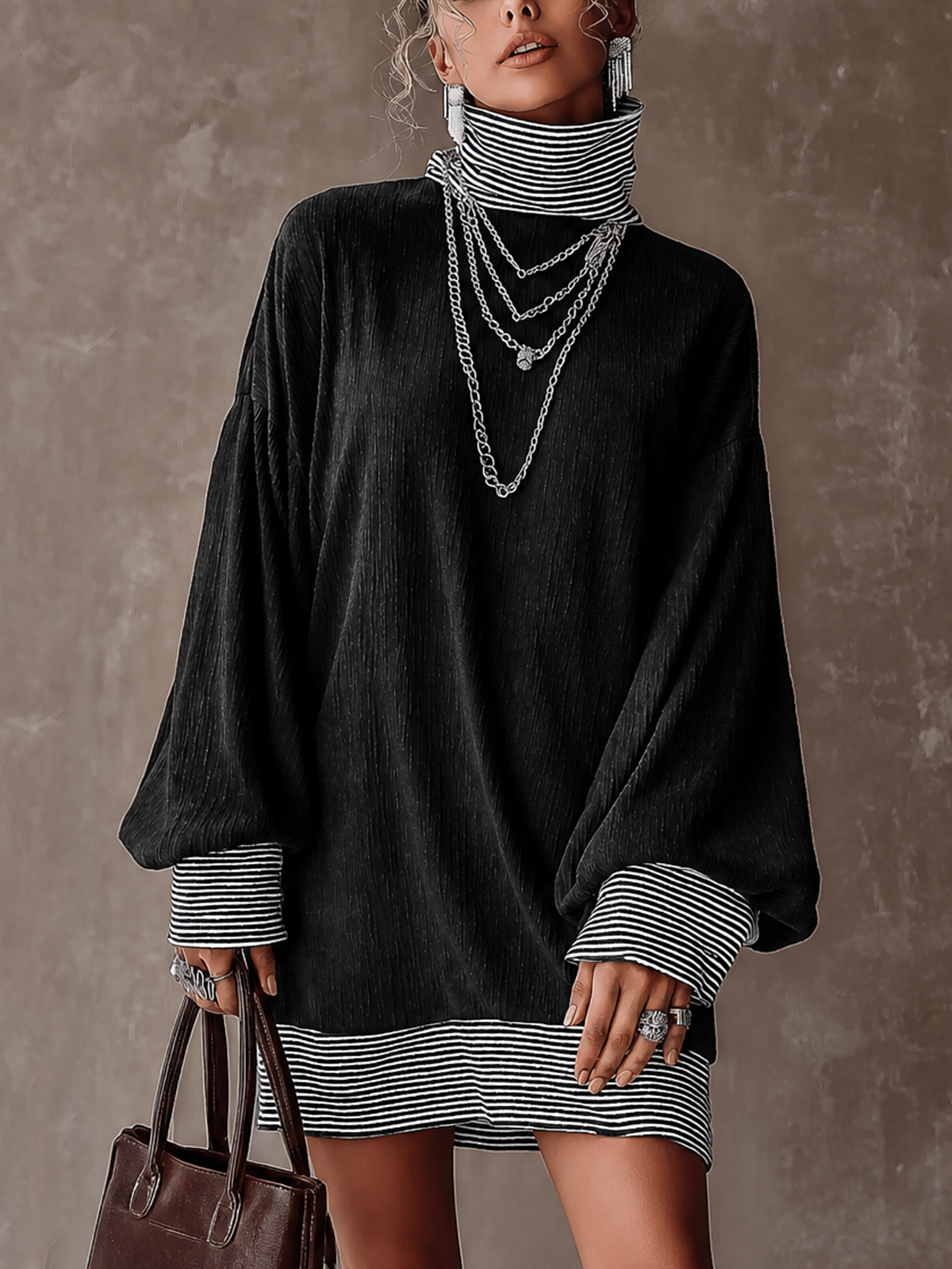 Black Striped Mock Neck Color‑Block Oversized Tunic Mini Dress