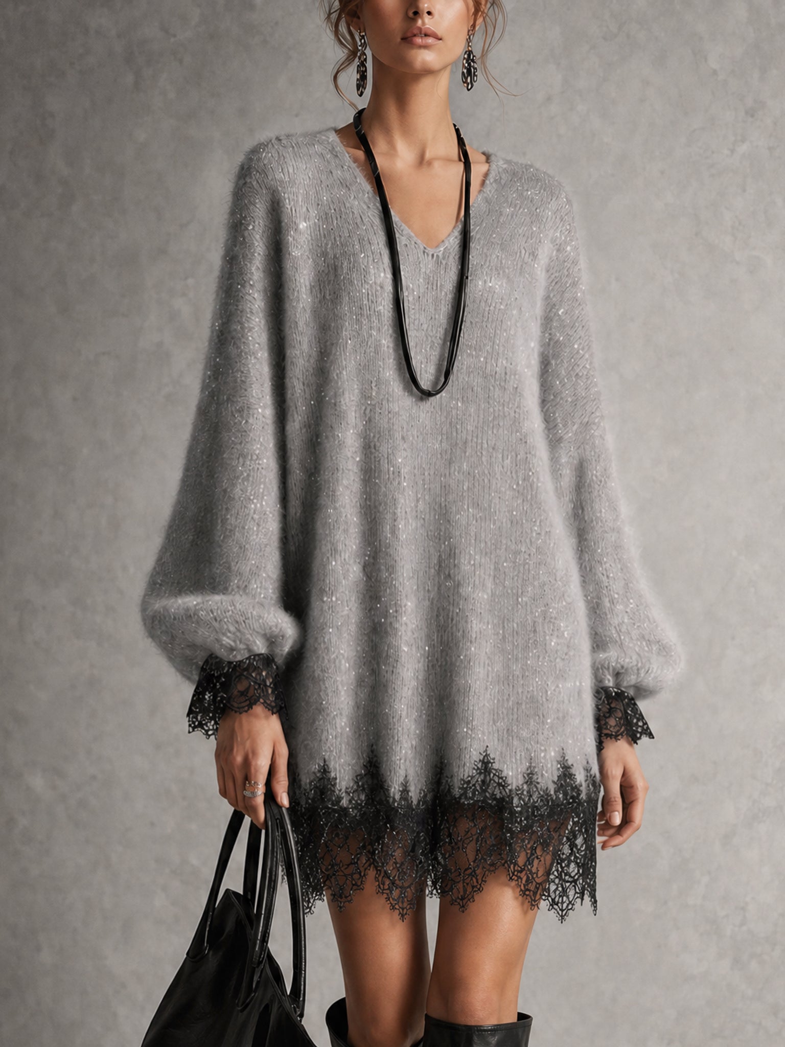 Gray Sequin Knit Lace Trim Mini Dress
