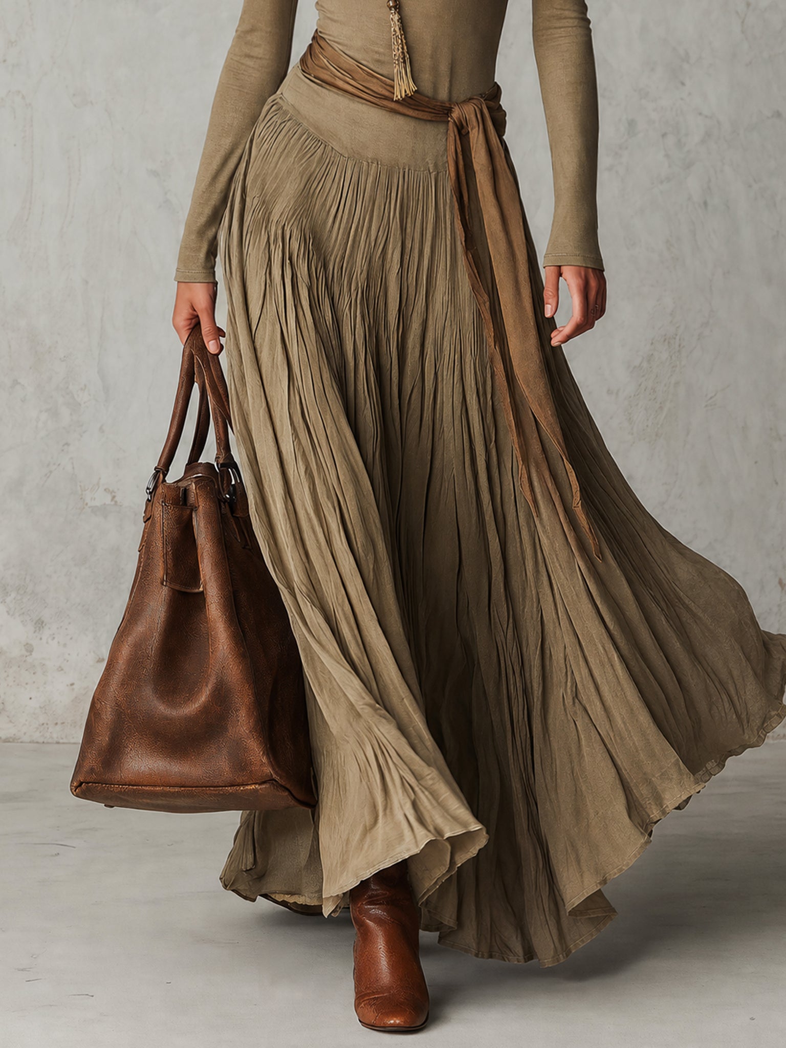 Green Stretch Jersey And Linen Maxi Dress