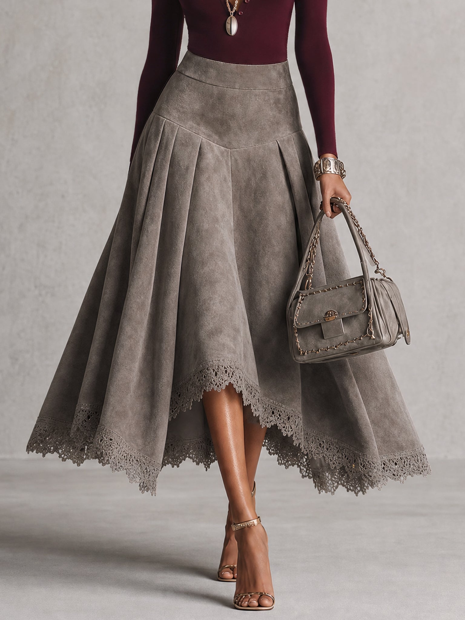 Burgundy Button Front Top And Suede Midi Skirt Set