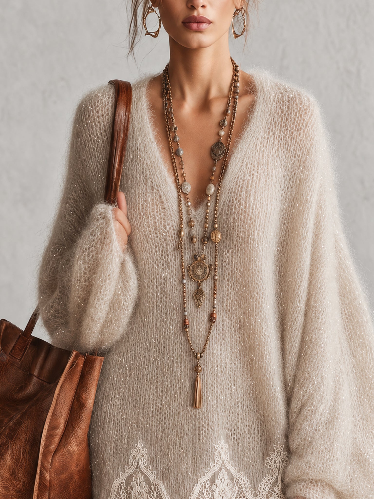 Beige Shimmer Mohair Lace Trim Oversized Mini Dress