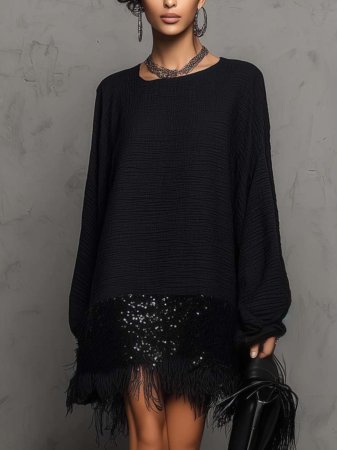 Black Linen Blend Sequin Mini Dress With Shimmer Trim And Fringe Hem