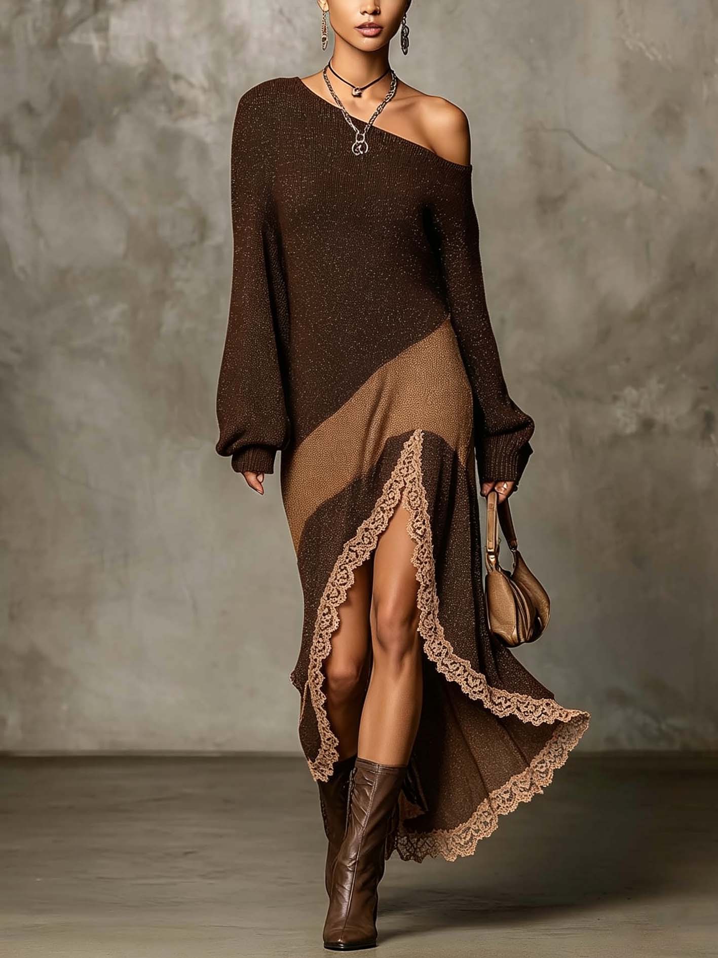 Deep Brown Shimmer Knit Maxi Dress With Contrast Lace Trim And High Slit