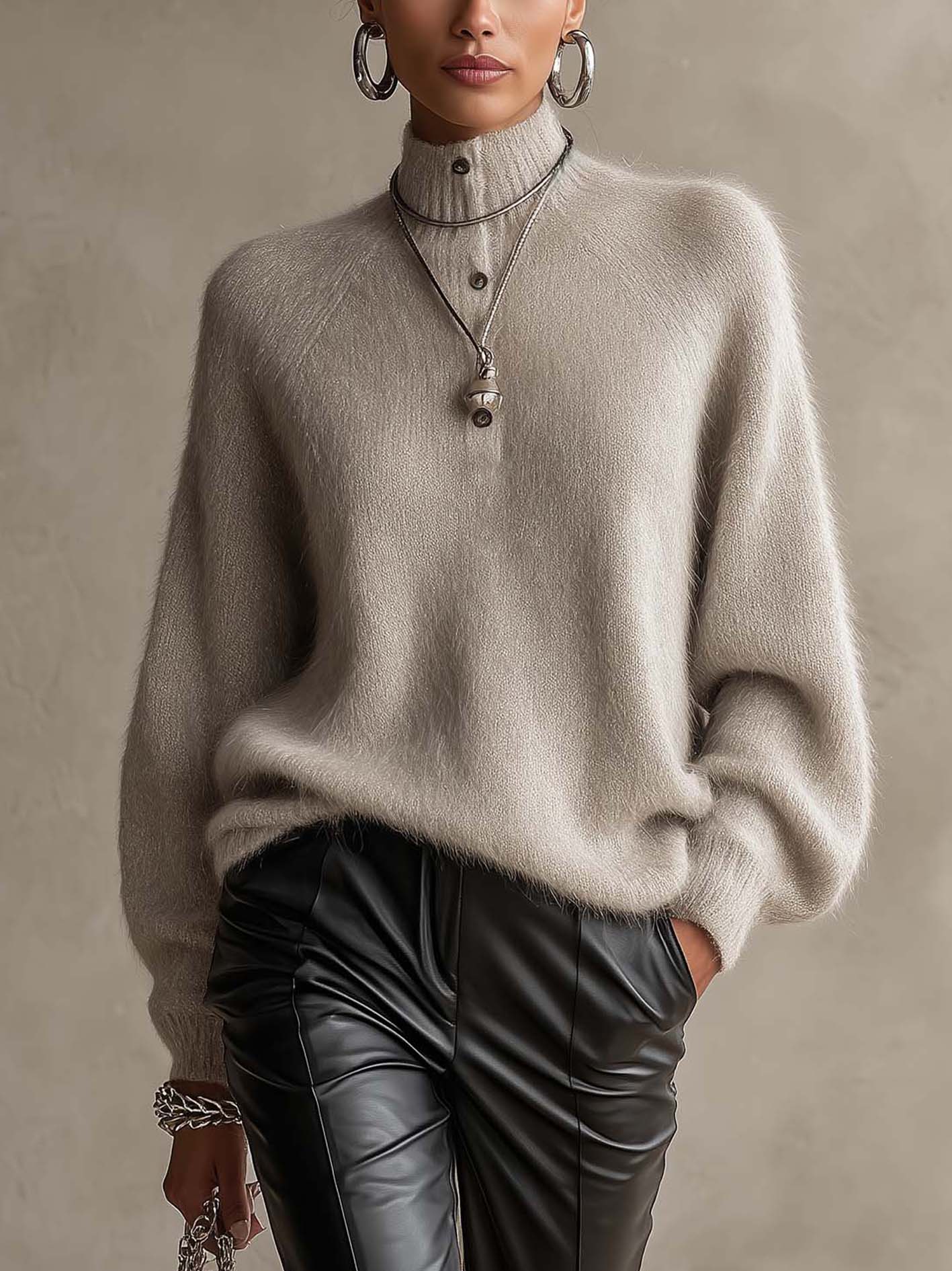 Silver Gray Fuzzy Mock Neck Sweater With Button Detail