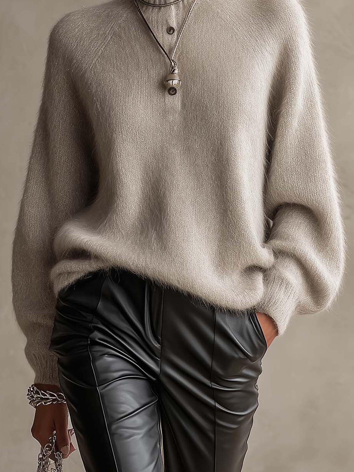 Silver Gray Fuzzy Mock Neck Sweater With Button Detail