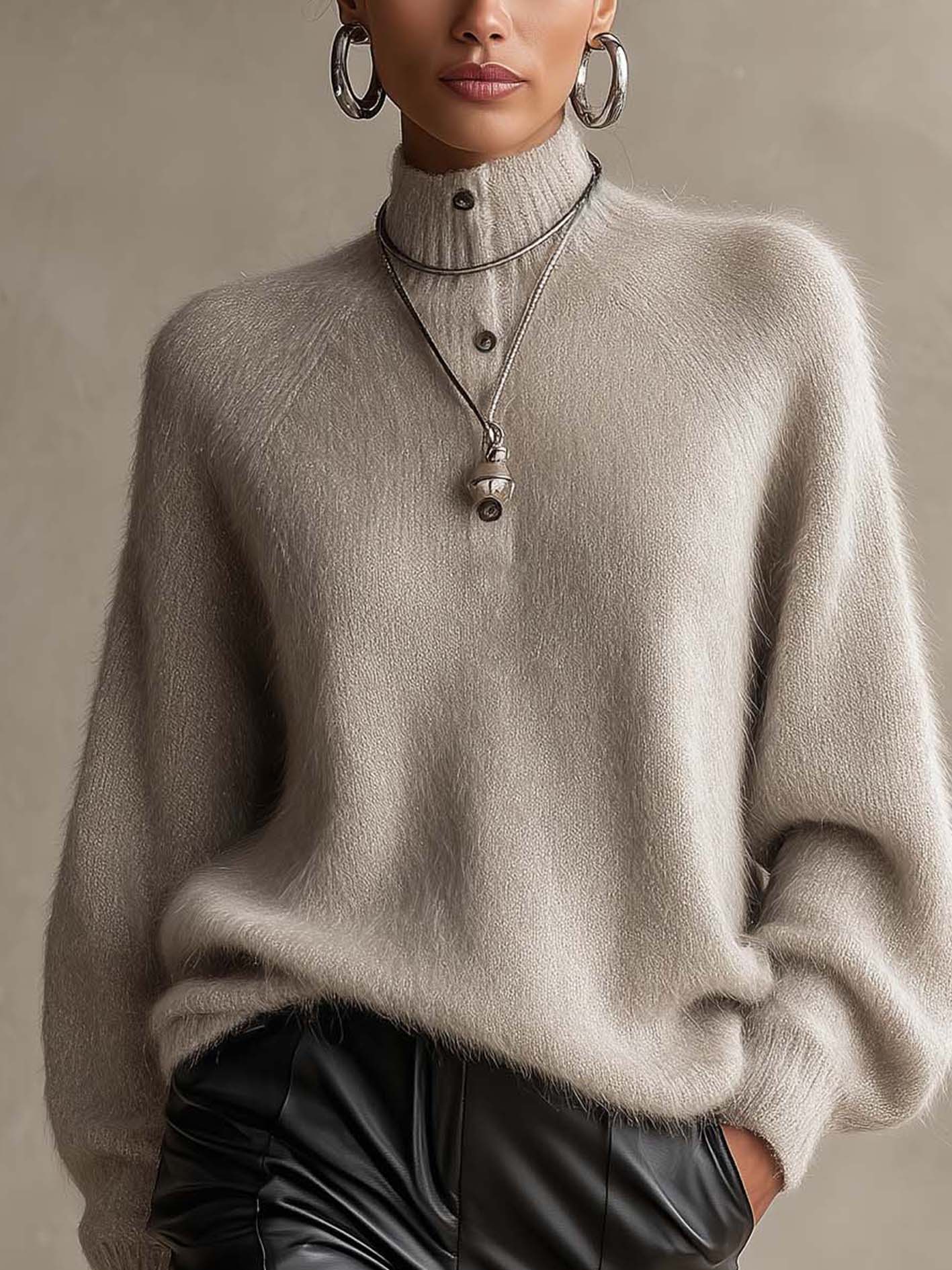 Silver Gray Fuzzy Mock Neck Sweater With Button Detail