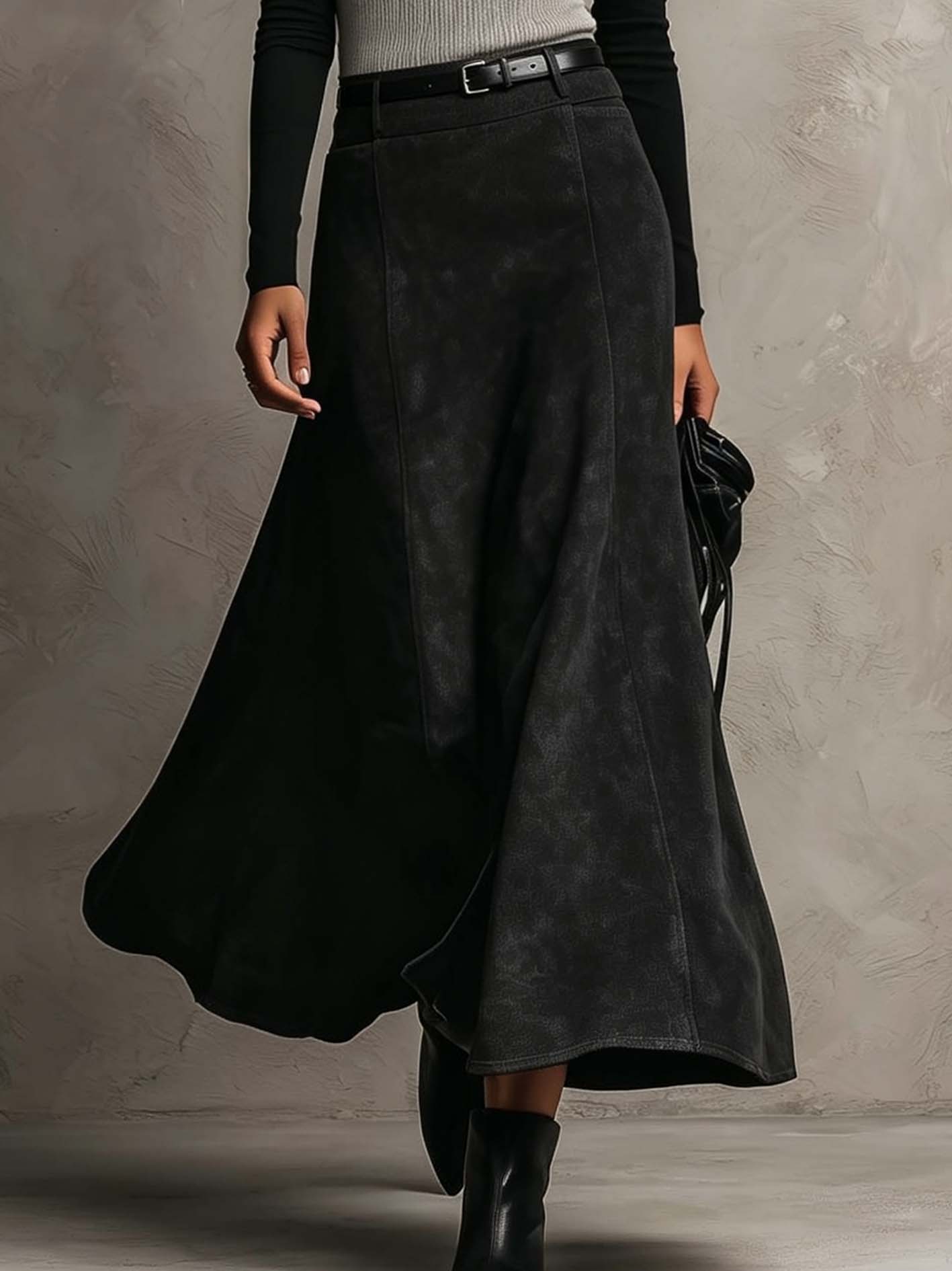 Black T-Shirt And Faux Suede Maxi Skirt Set With Ribbed Waistband