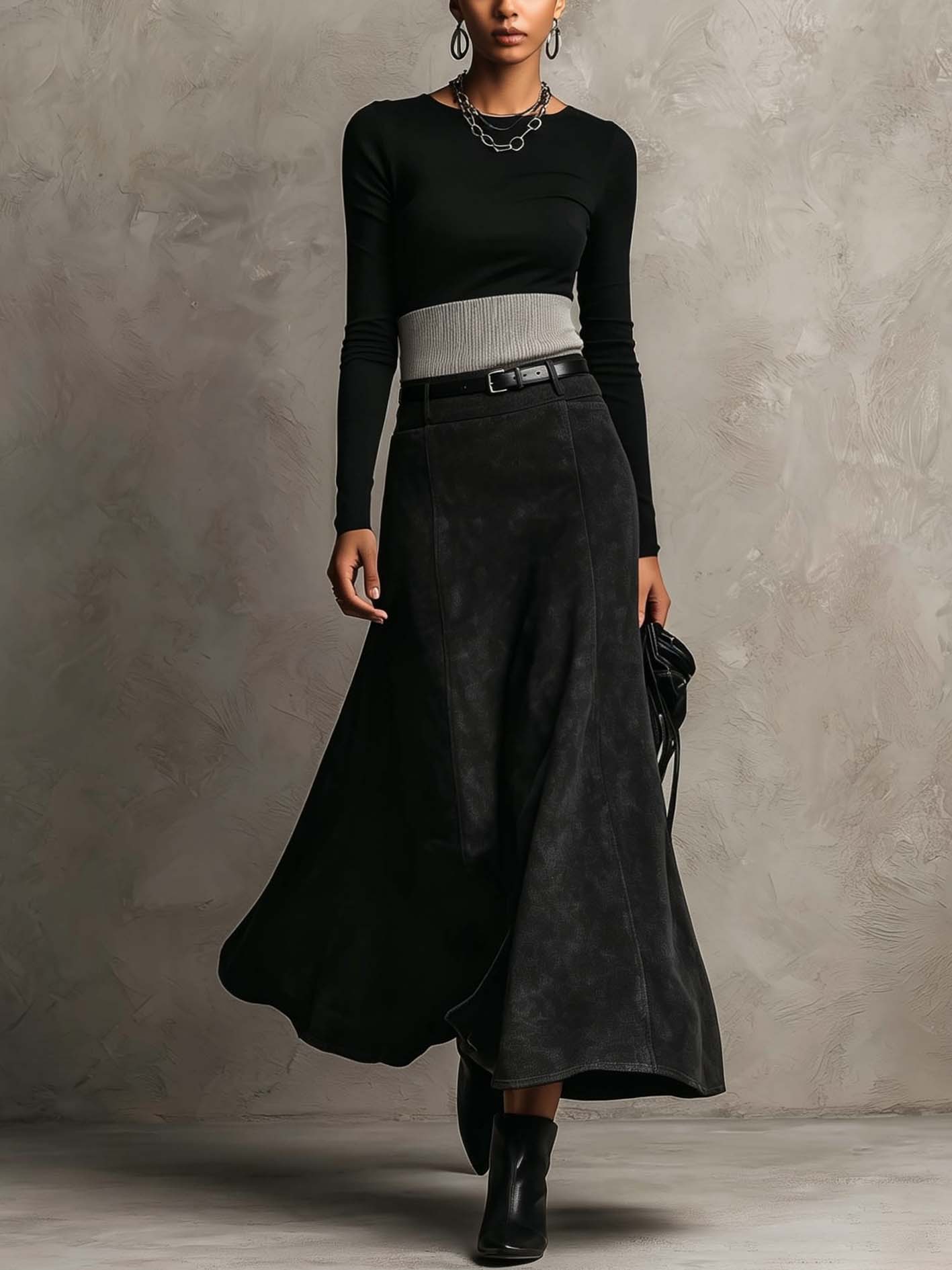 Black T-Shirt And Faux Suede Maxi Skirt Set With Ribbed Waistband