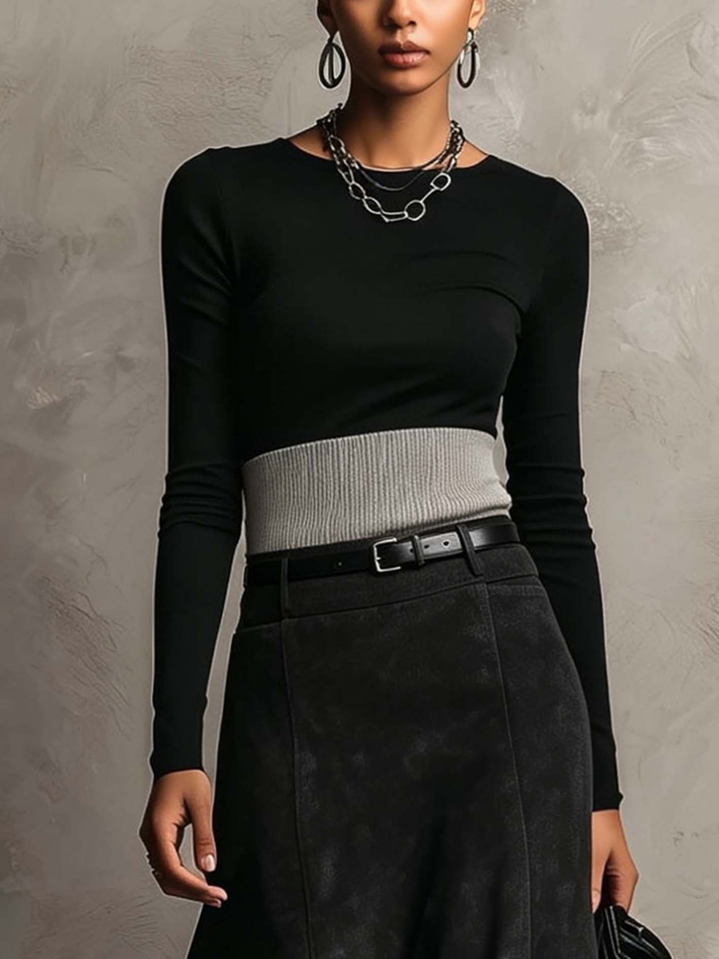 Black T-Shirt And Faux Suede Maxi Skirt Set With Ribbed Waistband
