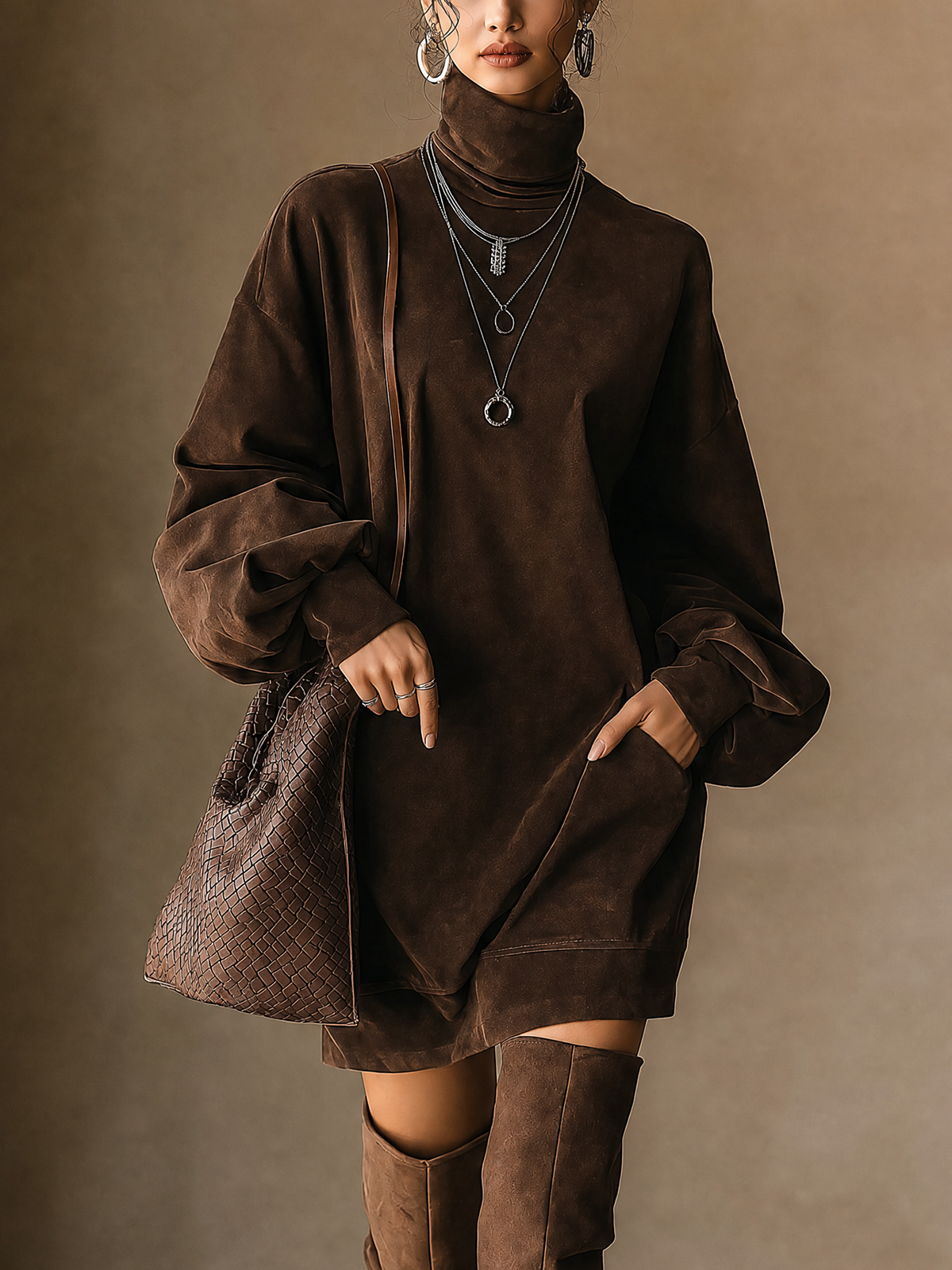 Brown Suede Turtleneck Balloon Sleeve Mini Dress
