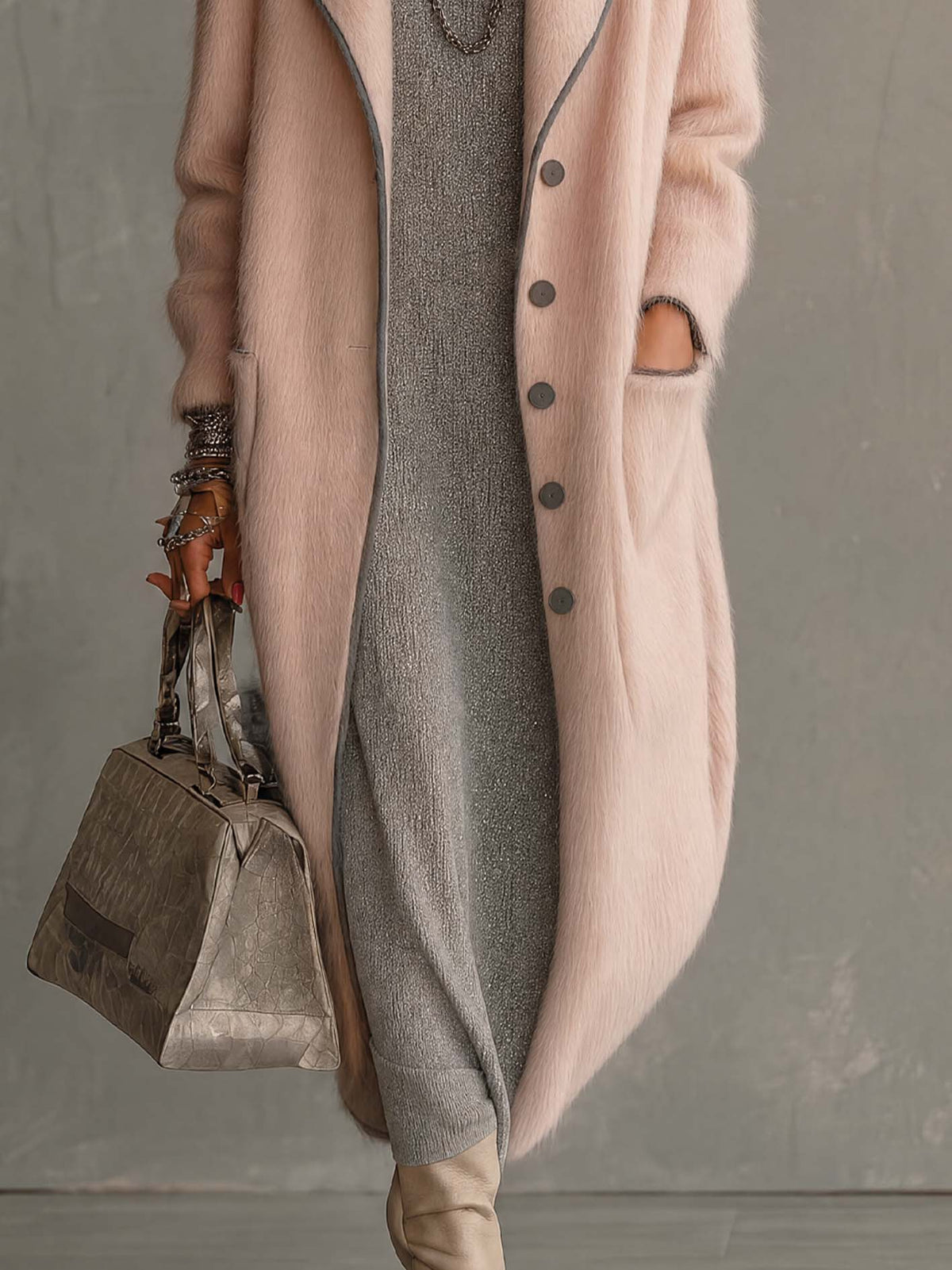 Blush Pink Faux Fur Longline Coat With Contrast Piping