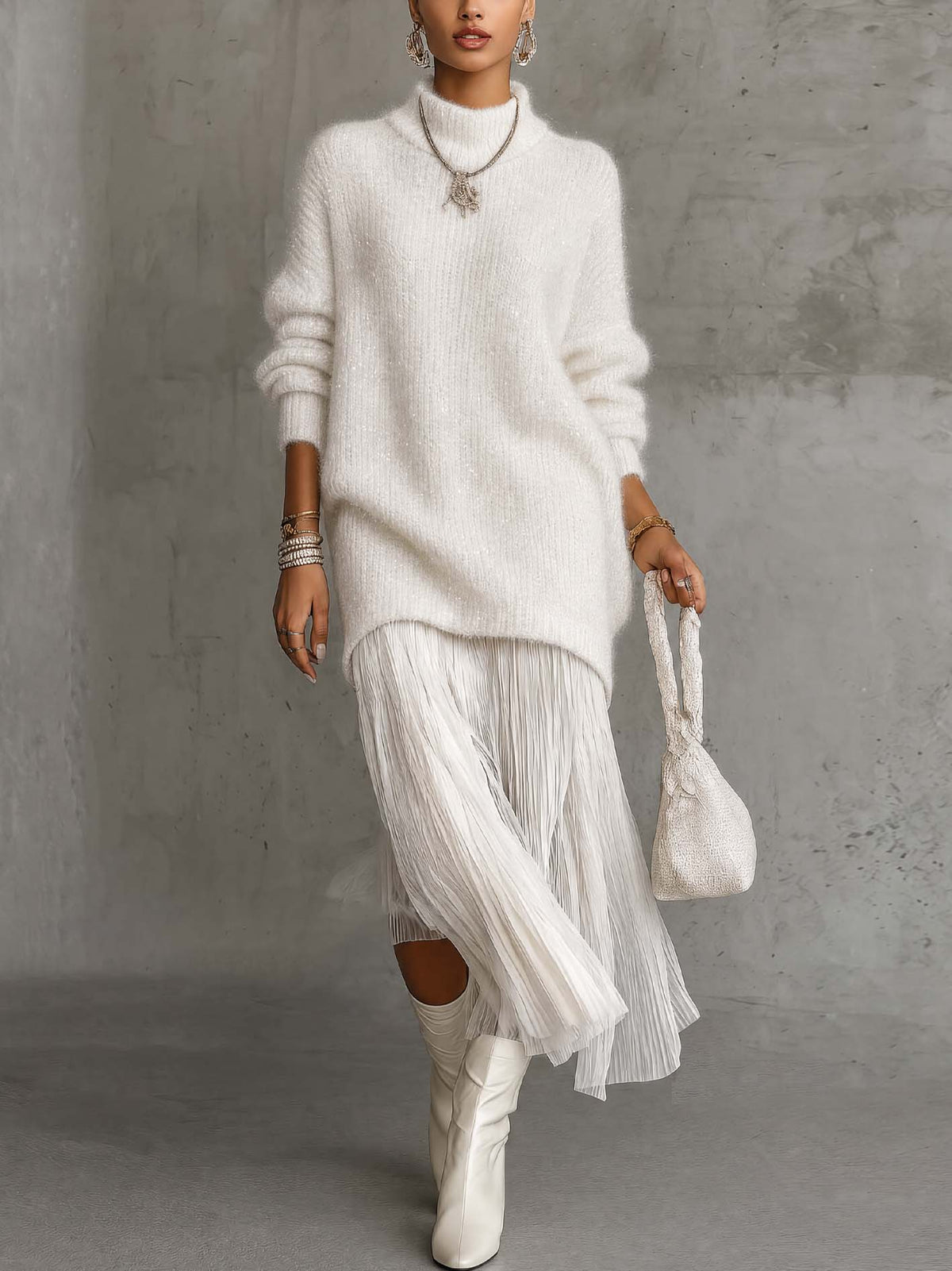 White Shimmer Fuzzy Knit Sweater Dress With Pleated Chiffon Patchwork Hem
