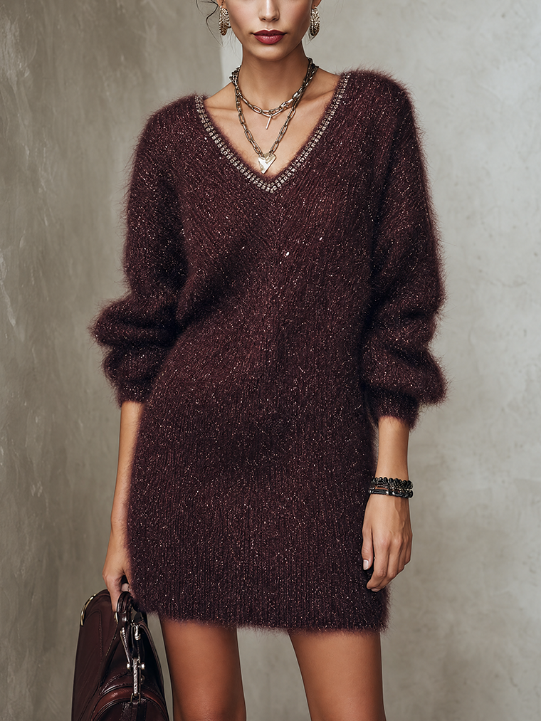 Deep Wine Shimmer Fuzzy Sequin Knit Rhinestone-Trim V-Neck Mini Dress