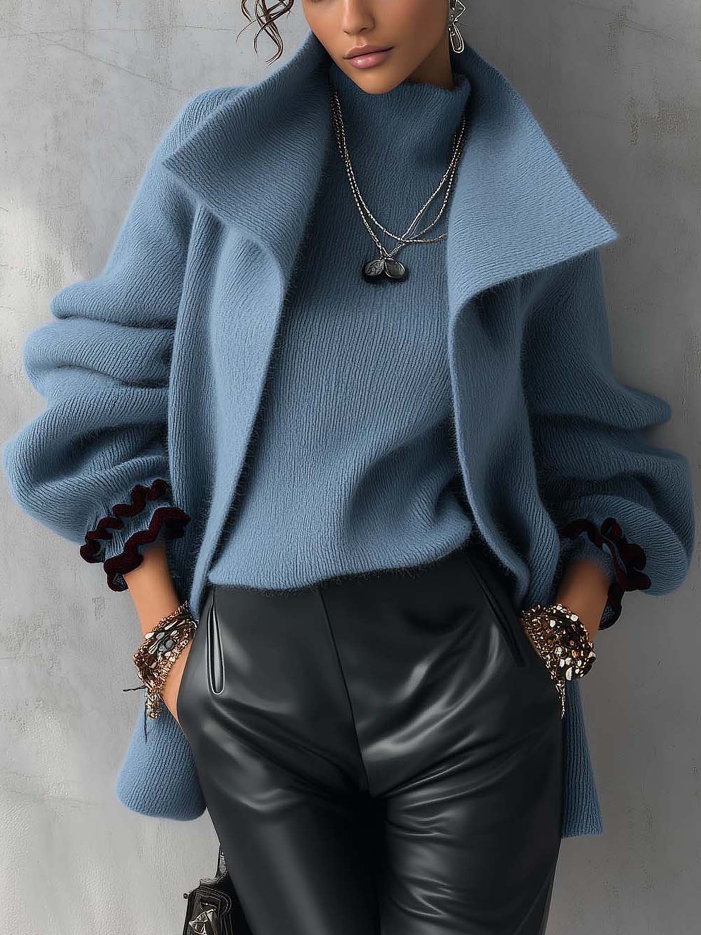 Dusty Blue Fuzzy Knit Cardigan With Oversized Shawl Collar And Ruffle Cuffs