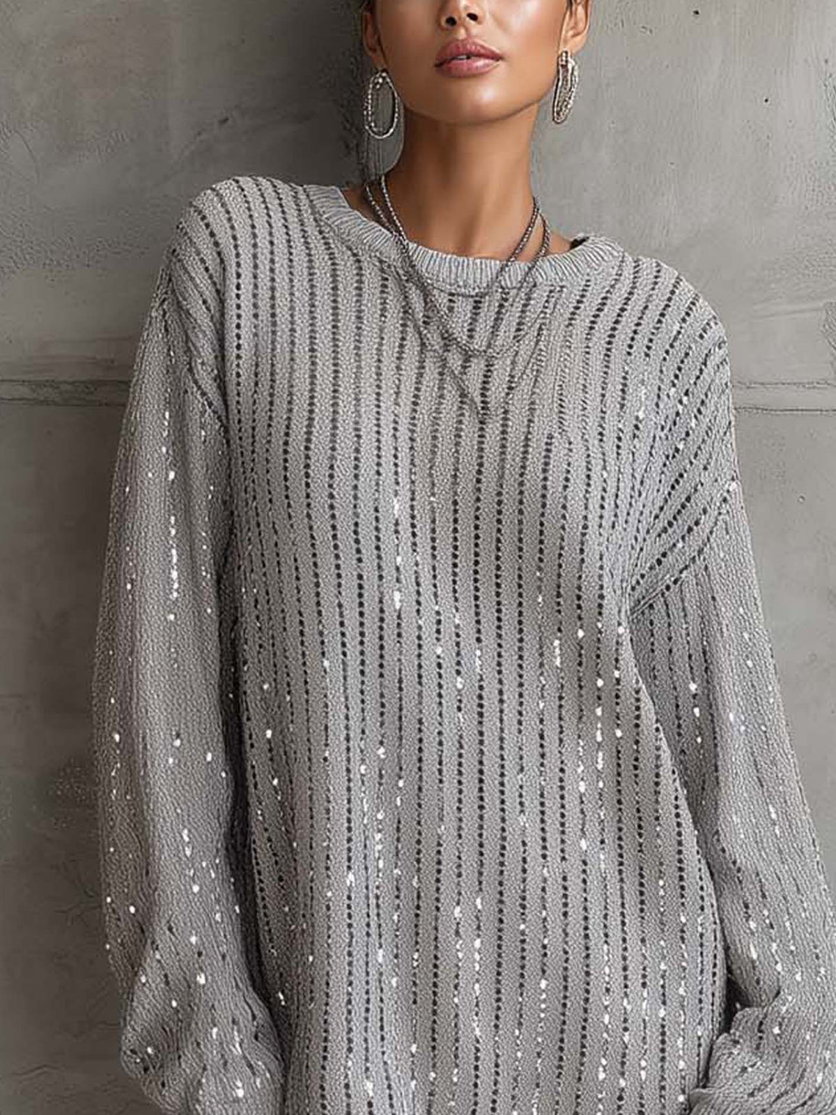 Gray Sequin Open Knit Mini Sweater Dress