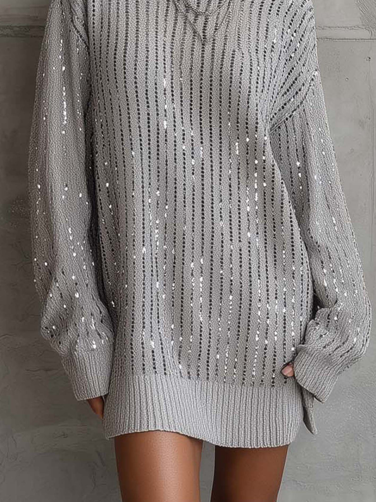 Gray Sequin Open Knit Mini Sweater Dress