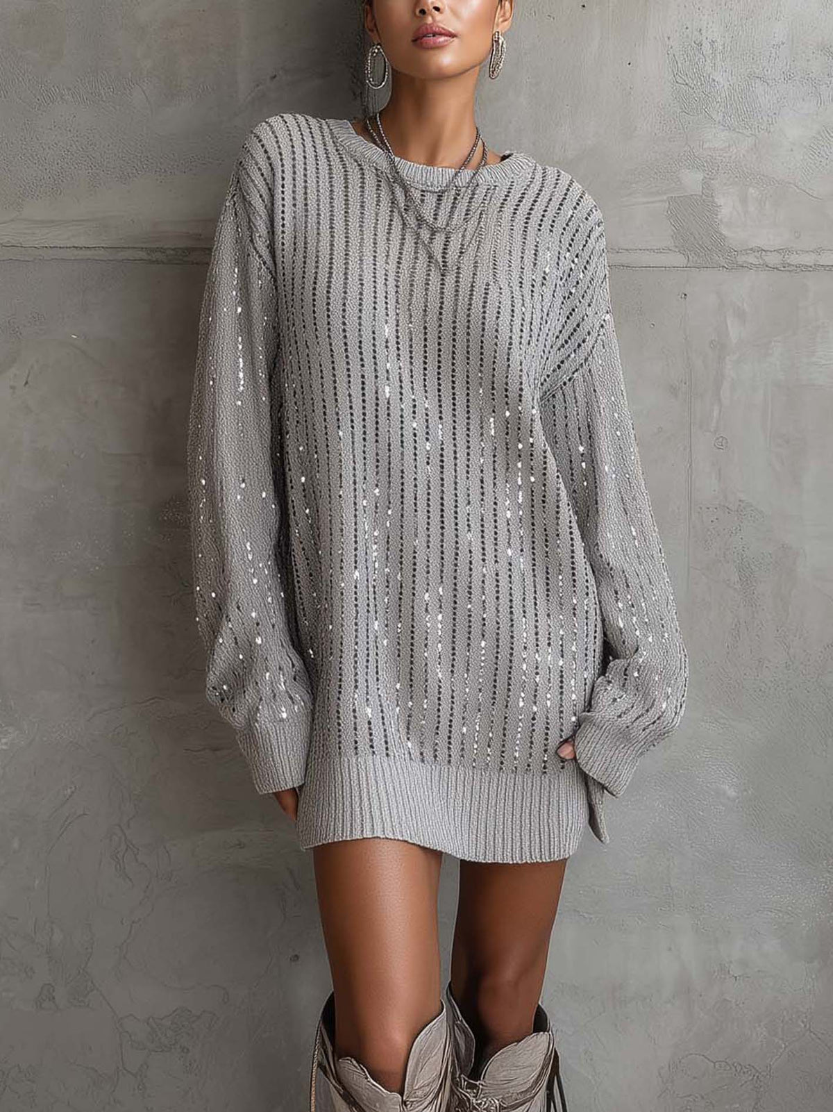 Gray Sequin Open Knit Mini Sweater Dress