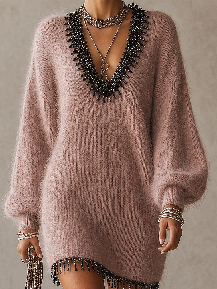 Dusty Pink Fuzzy Knit Beaded Fringe V-Neck Mini Sweater Dress