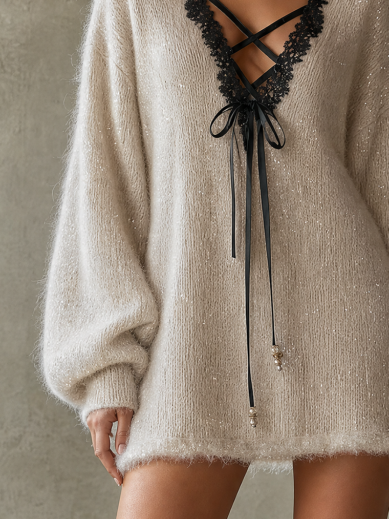 Ivory Shimmer Fuzzy Sequin Knit Lace-Up Mini Sweater Dress