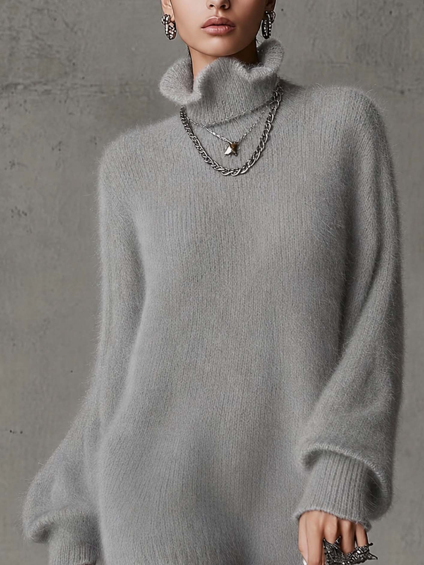 Gray Fuzzy Knit Mini Sweater Dress With Draped Ruffle Neckline