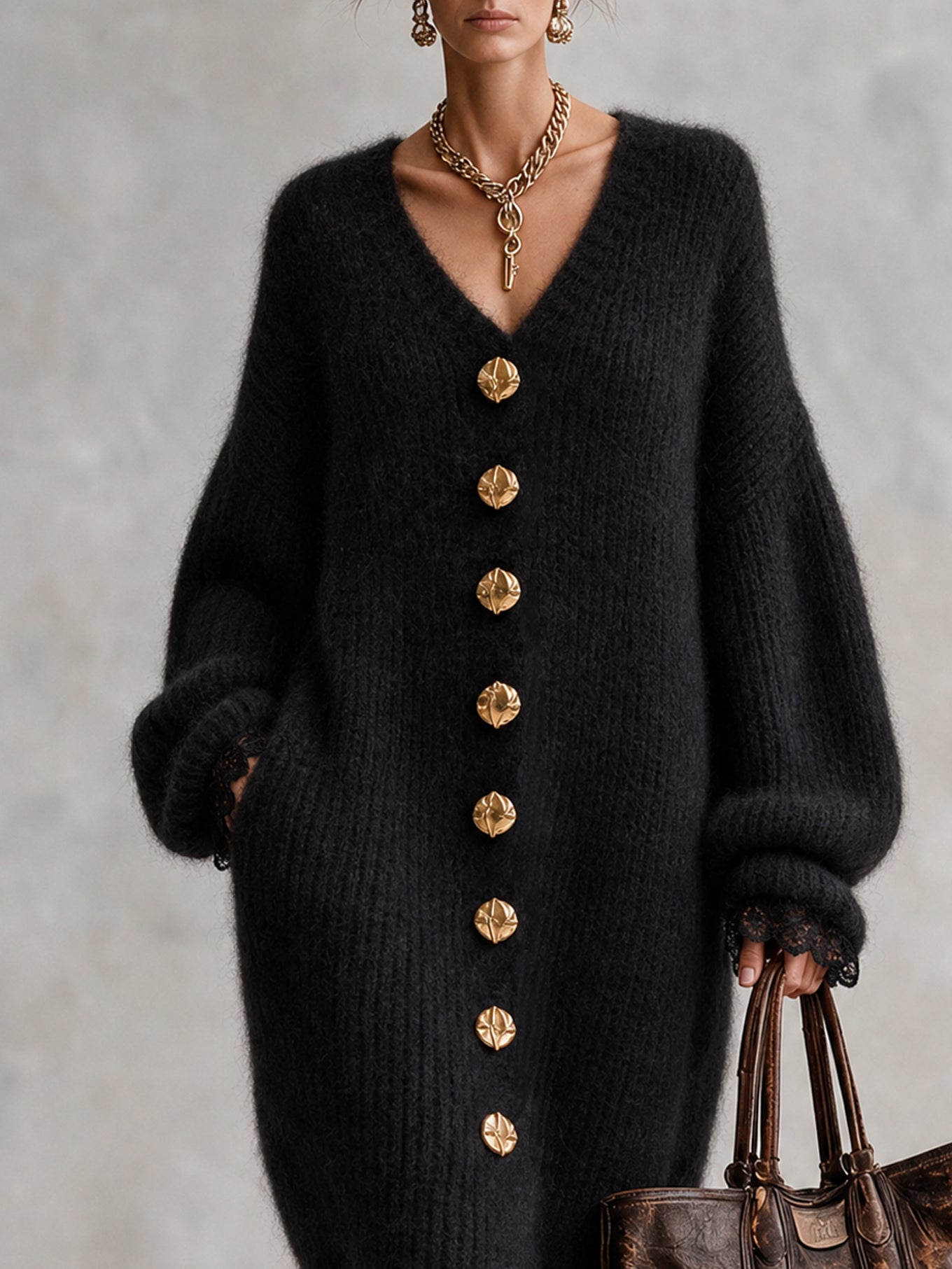 Black Loose Mohair Midi Dress With Gold Buttons