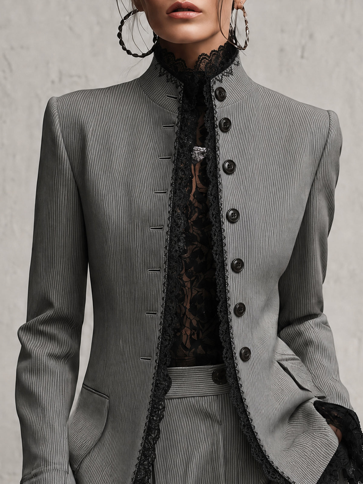 Gray Embroidered Lace Trim Tailored Blazer