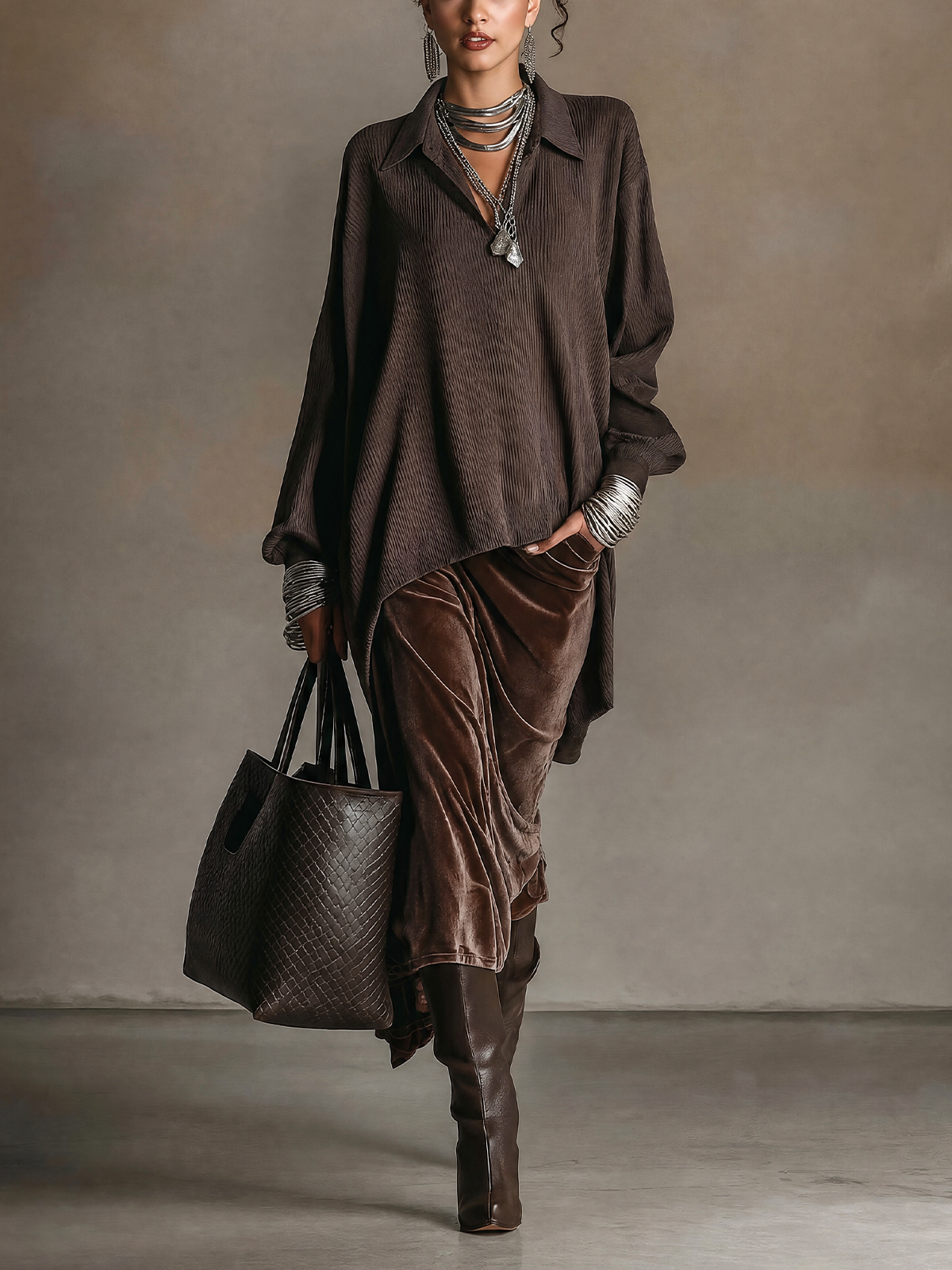 Dark Brown Textured Knit Pullover And Velvet Midi Skirt Two‑Piece Set