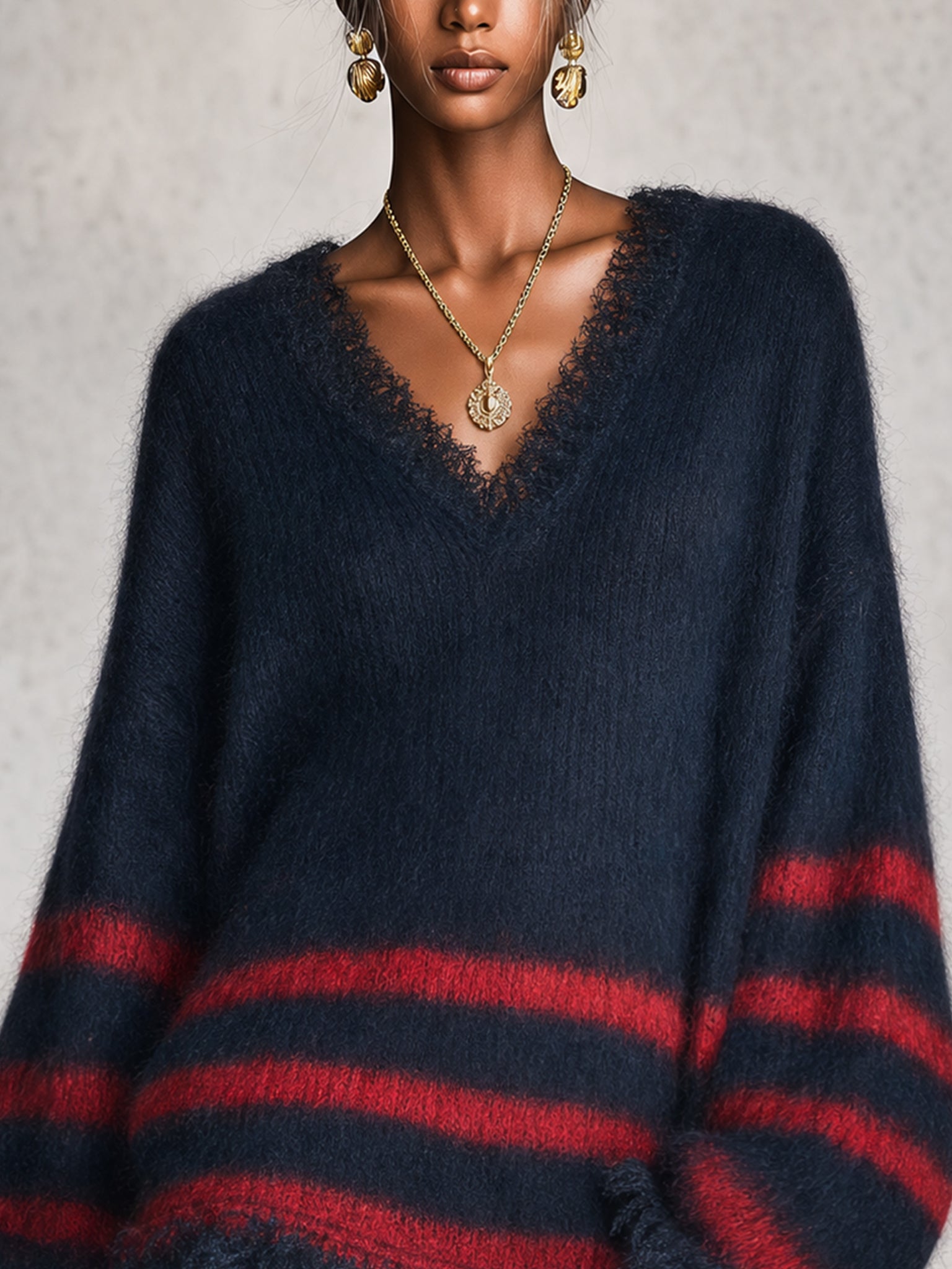 Blue And Red Striped Mohair Brushed Mini Dress