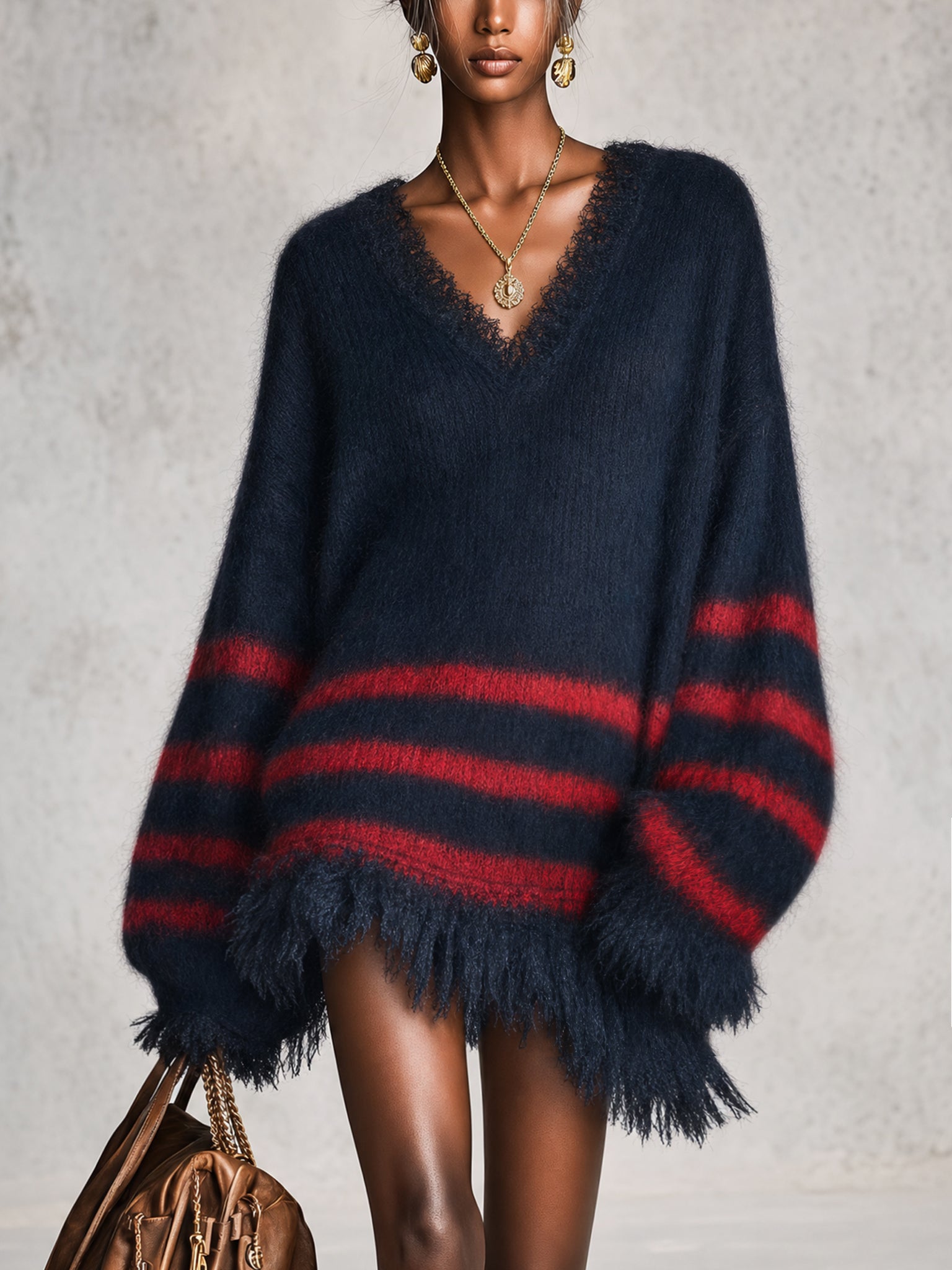 Blue And Red Striped Mohair Brushed Mini Dress