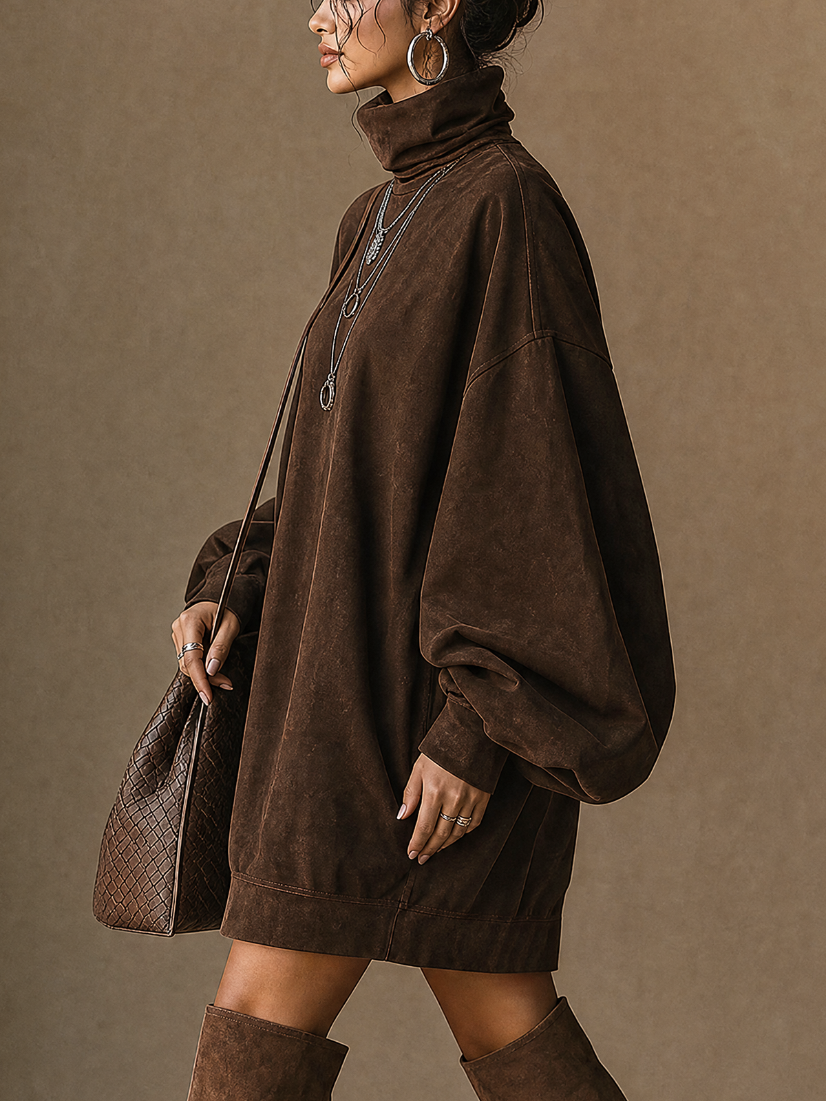 Brown Suede Turtleneck Balloon Sleeve Mini Dress