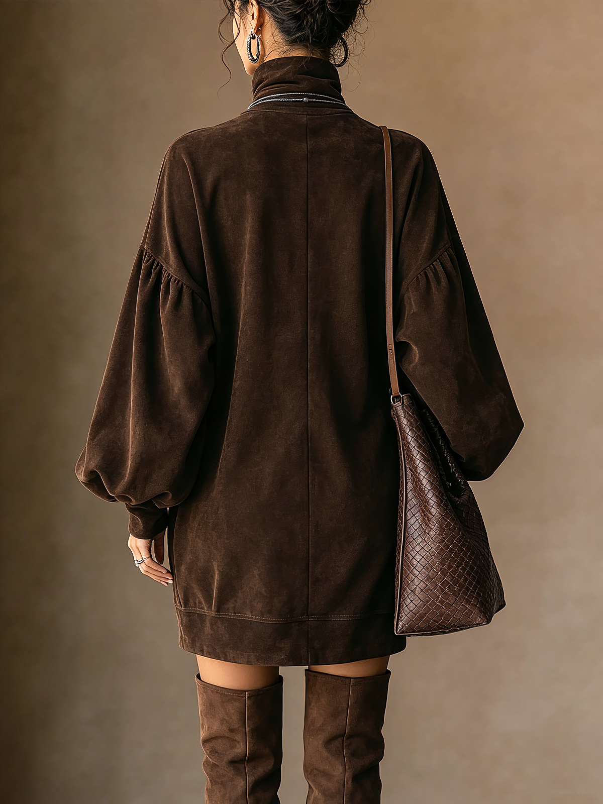 Brown Suede Turtleneck Balloon Sleeve Mini Dress