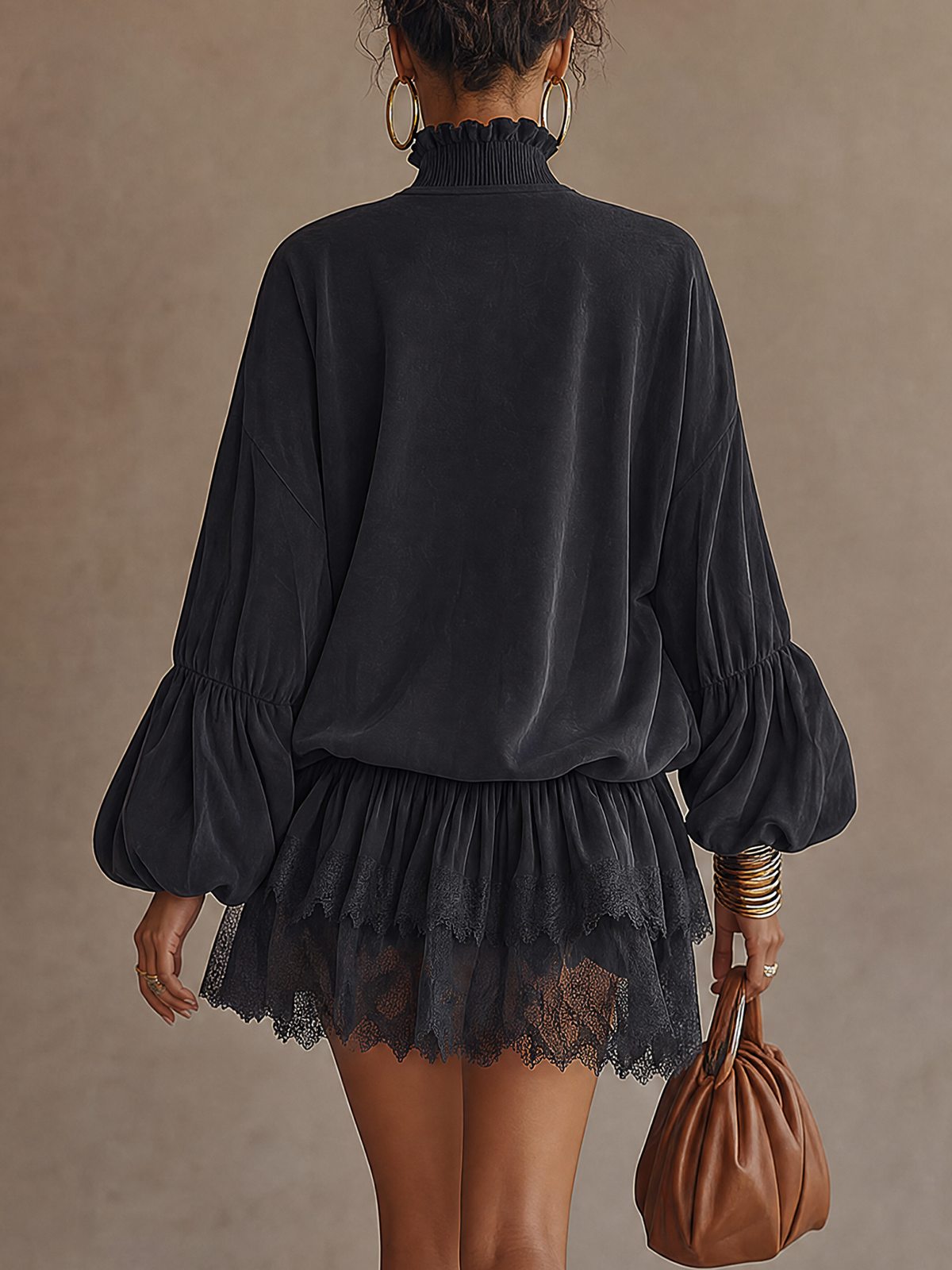Black Faux Suede Ruffle High Neck Lace Panel Mini Dress